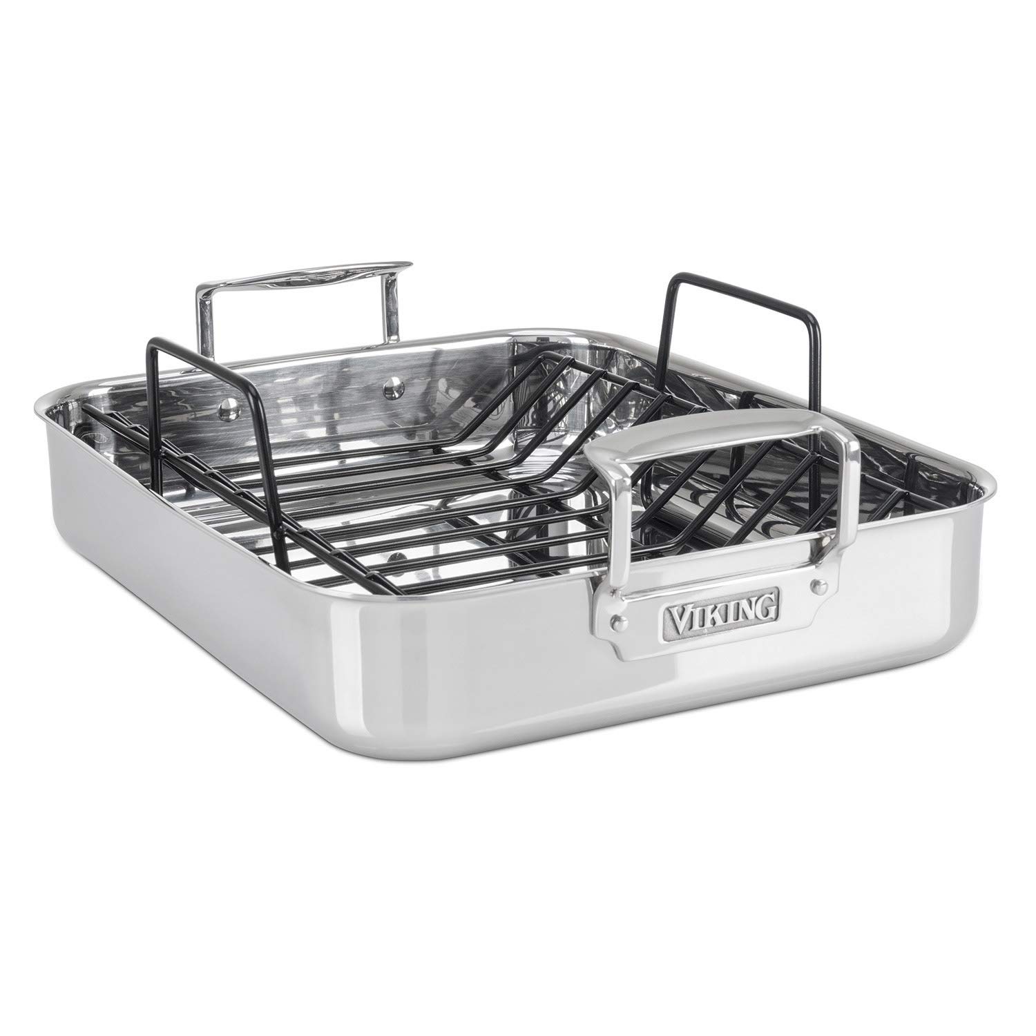 Viking 3-Ply Stainless Steel Roasting Pan with Non-Stick Rack - 16 x 13 Inch Oven Safe Cookware for Turkey, Chicken & Meat - Dishwasher Safe, Induction Compatible - Perfect for Holiday Dinners, Family Gatherings & Meal Prep
