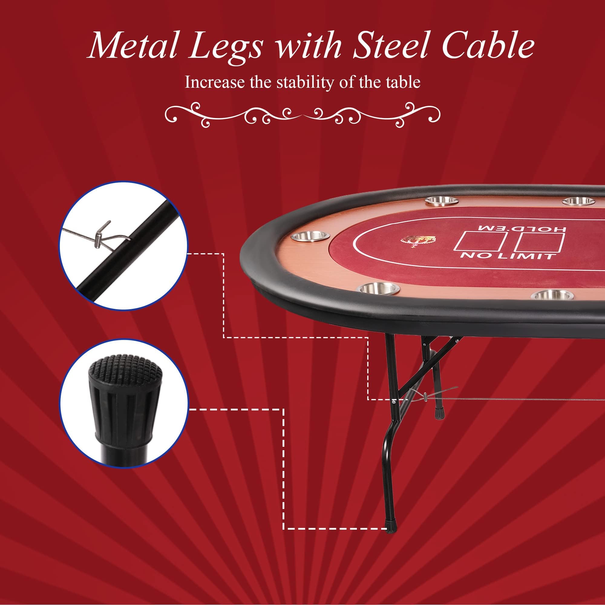 91'' Foldable Poker Table for 10 Players - Texas Hold'em, Blackjack & Casino Card Games - Portable Folding Design with Padded Rails, Cup Holders & Red Felt Surface - Perfect for Home Game Nights, Poker Parties & Casino-Themed Events
