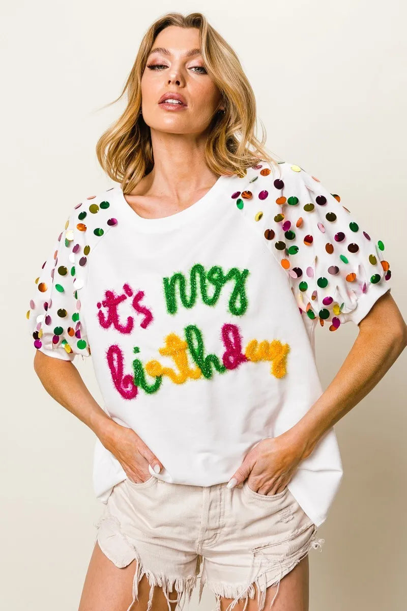 BiBi Metallic Letter Spangle Raglan Puff Sleeve Top | Trendy Women's Graphic Tee for Casual Wear, Party & Date Night Outfits