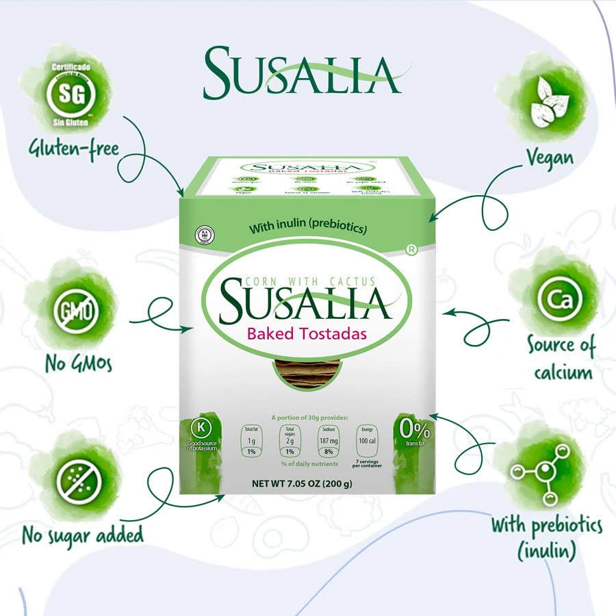 SUSALIA Baked Tostadas | Gluten Free Corn & Cactus Toast - Pack of 6 (7 oz each) | Healthy Artisan Snack for Parties, Nachos & Mexican Cuisine