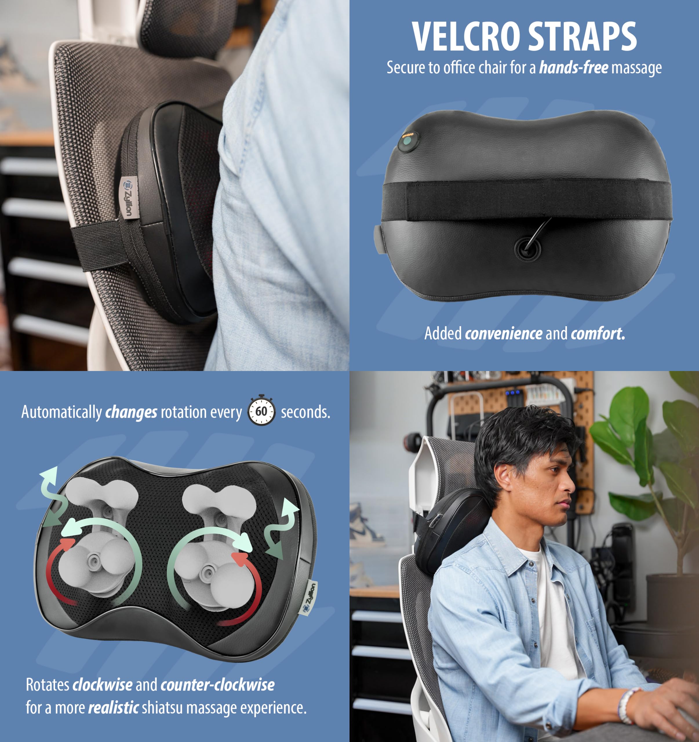 Zyllion Shiatsu Back and Foot Massager Set - 2-in-1 Deep Tissue Kneading Massage for Neck, Shoulders, Legs - Perfect for Home, Office & Car Use (Black)