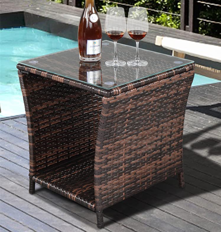 Brown Rattan Side Table with Glass Top - Outdoor Coffee Table for Poolside, Porch & Bedroom