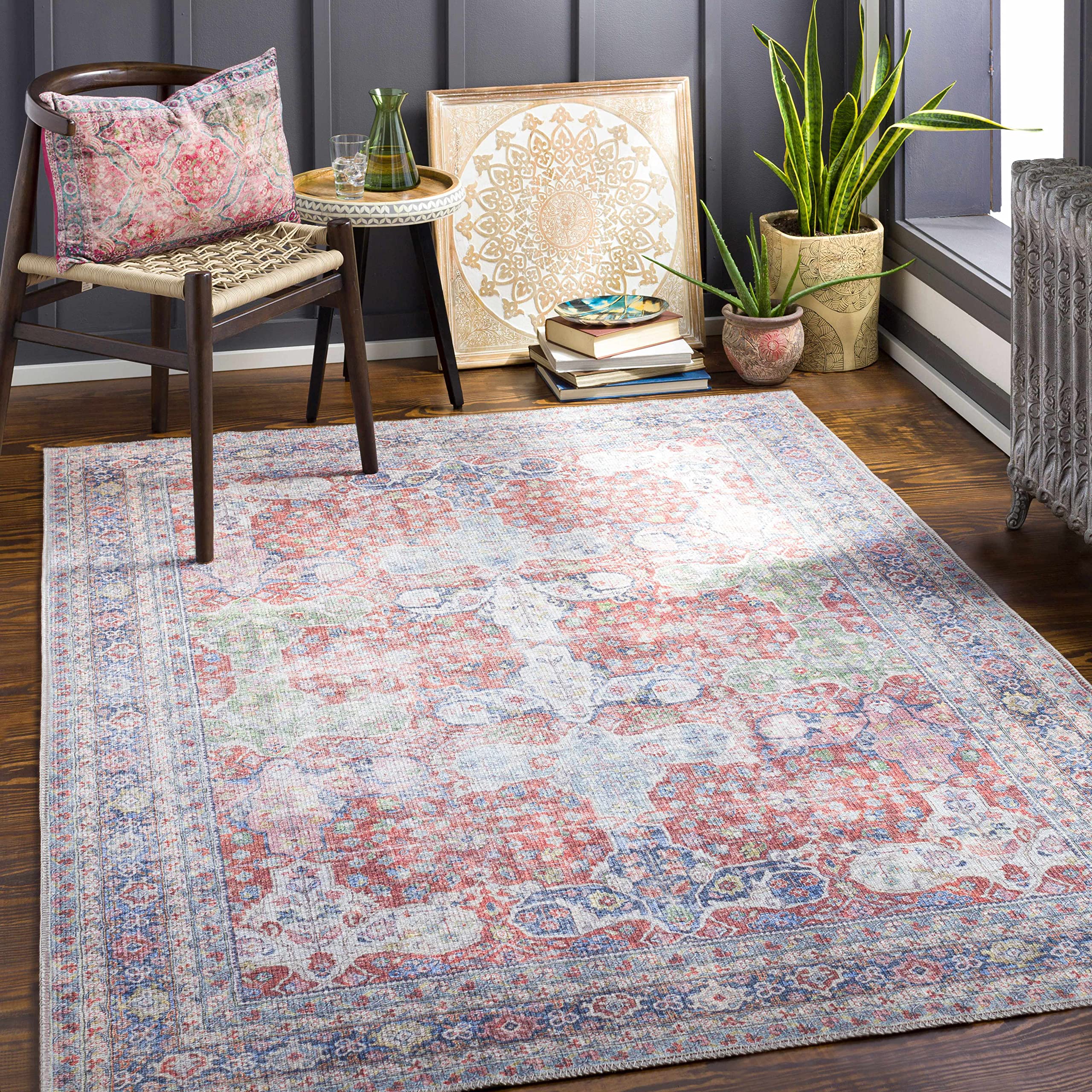 Premium Hauteloom Goma Washable Area Rug for Living Room & Bedroom - Traditional Design in Pink, Beige, Red - 6'7