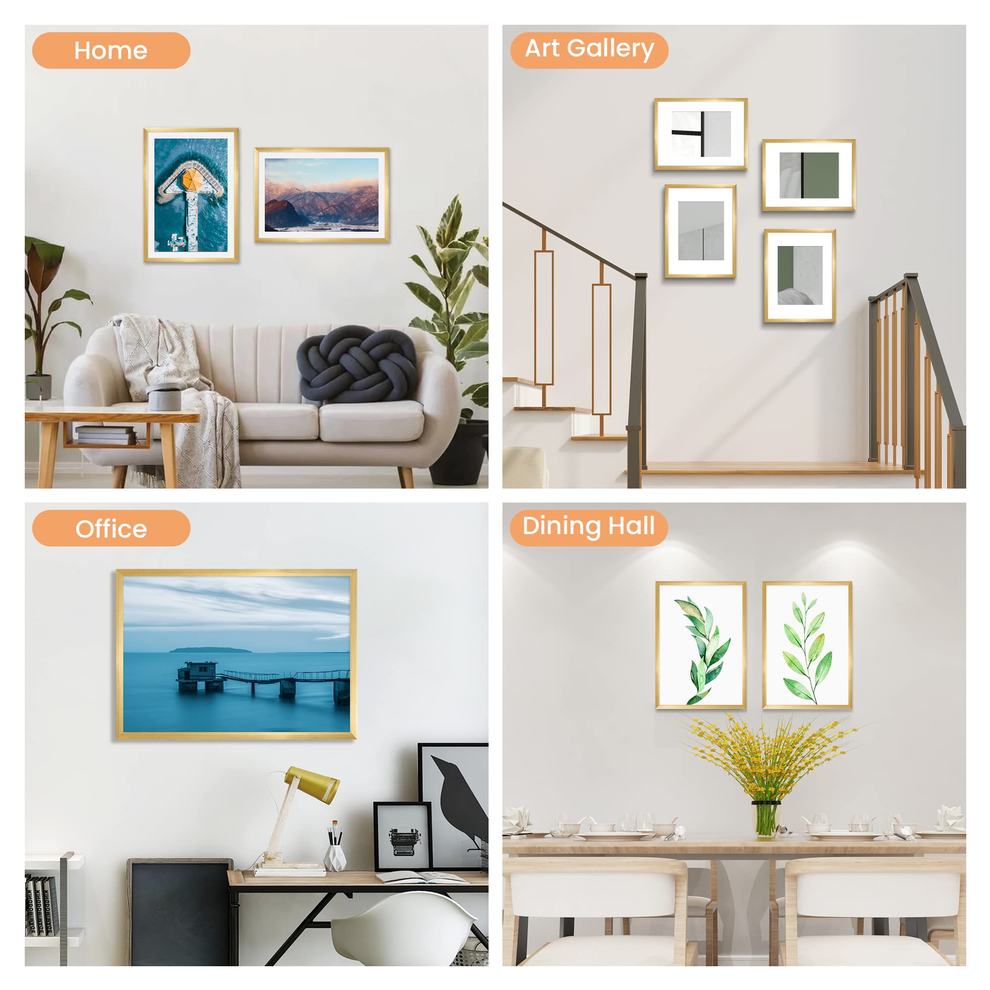 11x14 Glass Picture Frame Set of 3 & Plastic Frame Set of 5 - Gold Wall Photo Frames for Home Decor, Office Display, and Wedding Photos