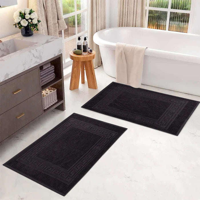 Premium Cotton 2-Piece Greek Key Border Bath Mat Set - Ultra Absorbent, Non-Slip Bathroom Rug - Perfect for Modern Bathrooms, Master Suites & Spa-Like Retreats