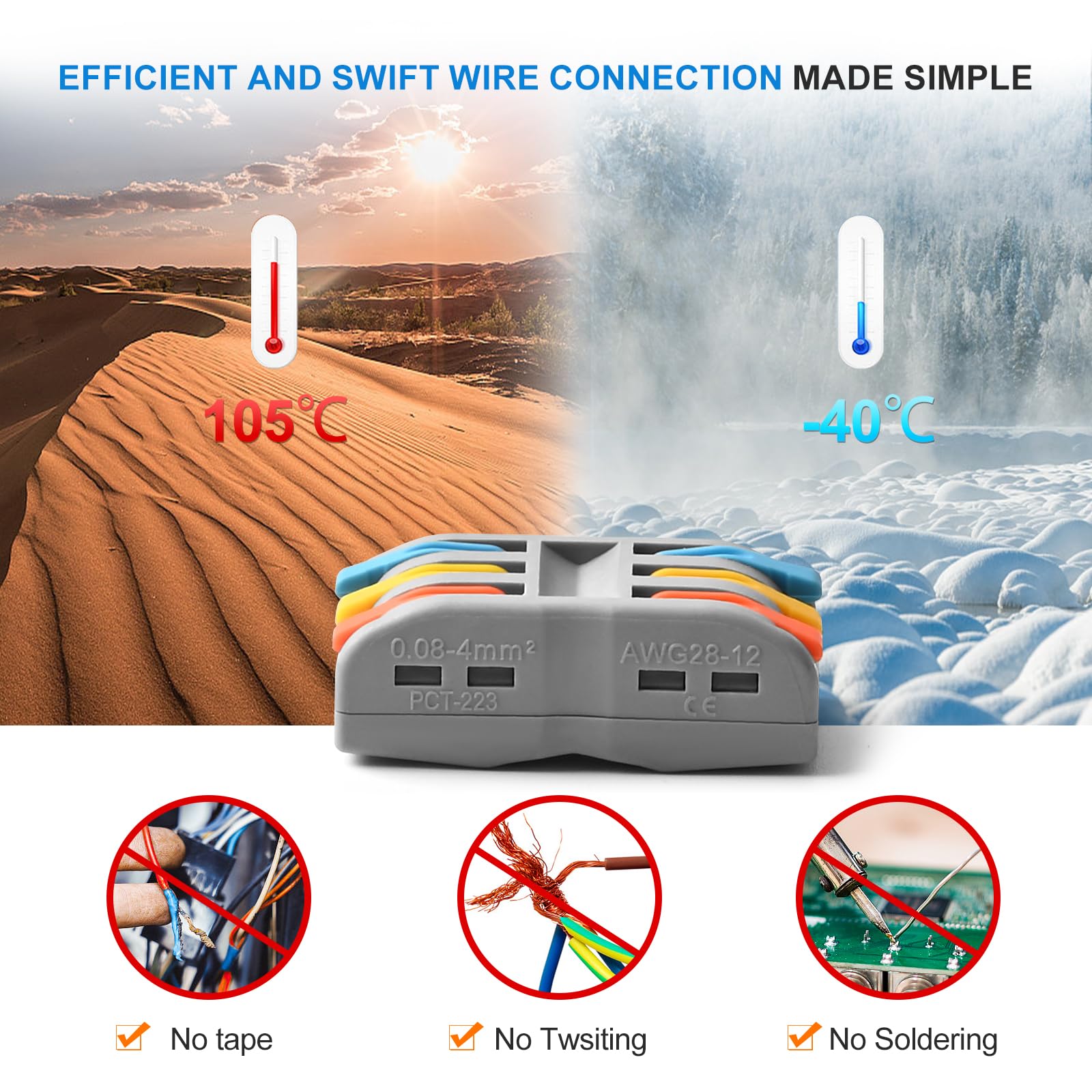 50pcs 3 Conductor Compact Splicing Wire Connectors - Lever Wire Nuts for 3 in 3 Out Connections (28-12 AWG) | Ideal for Home Electrical Wiring, DIY Projects & Automotive Repairs