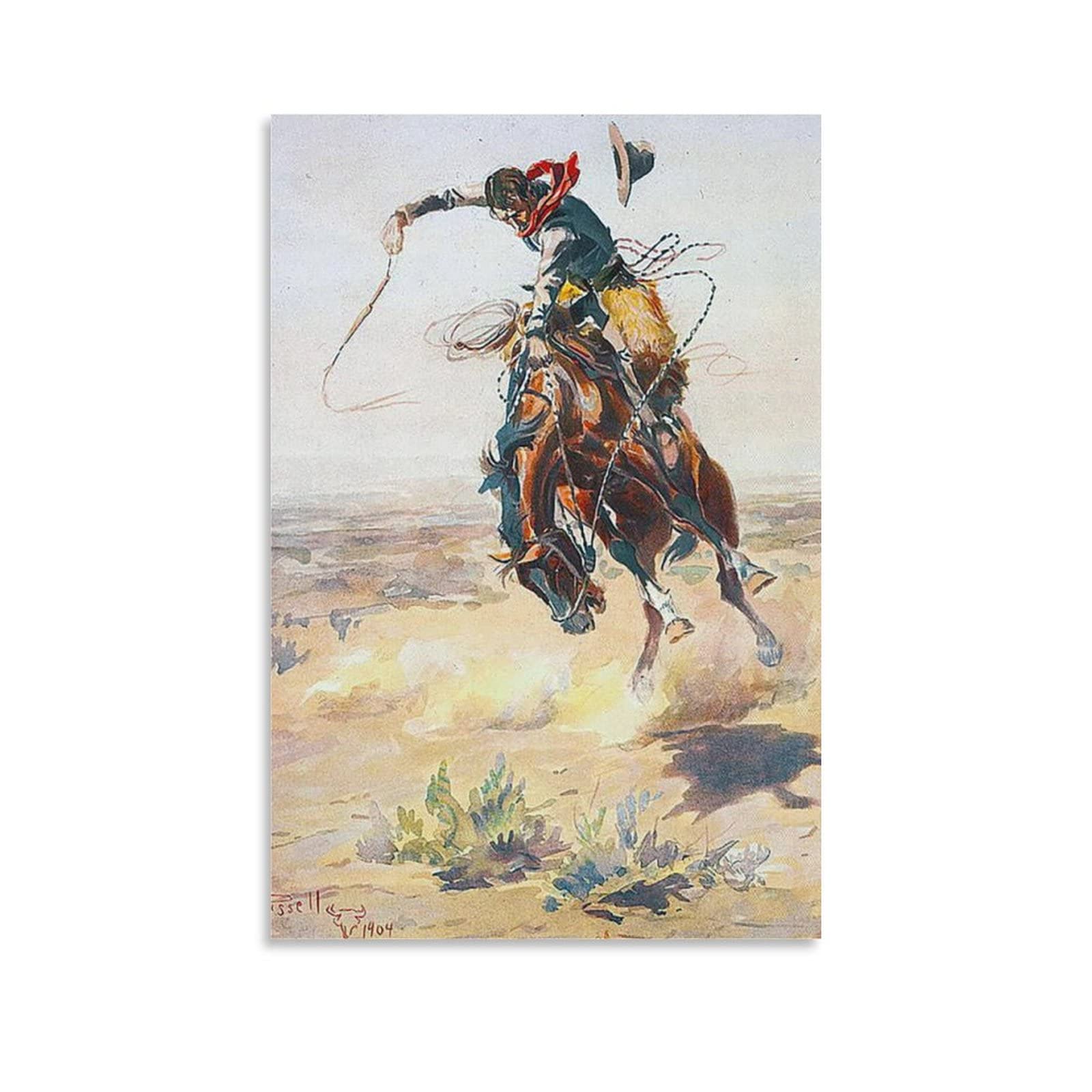 Charles Marion Russell 'A Bad Hoss' Western Cowboy Oil Painting Art Print - Premium Canvas Wall Decor for Living Room, Bedroom, Office & Kitchen - 24x36 Inches - Western Theme Home Decor & Gift Idea