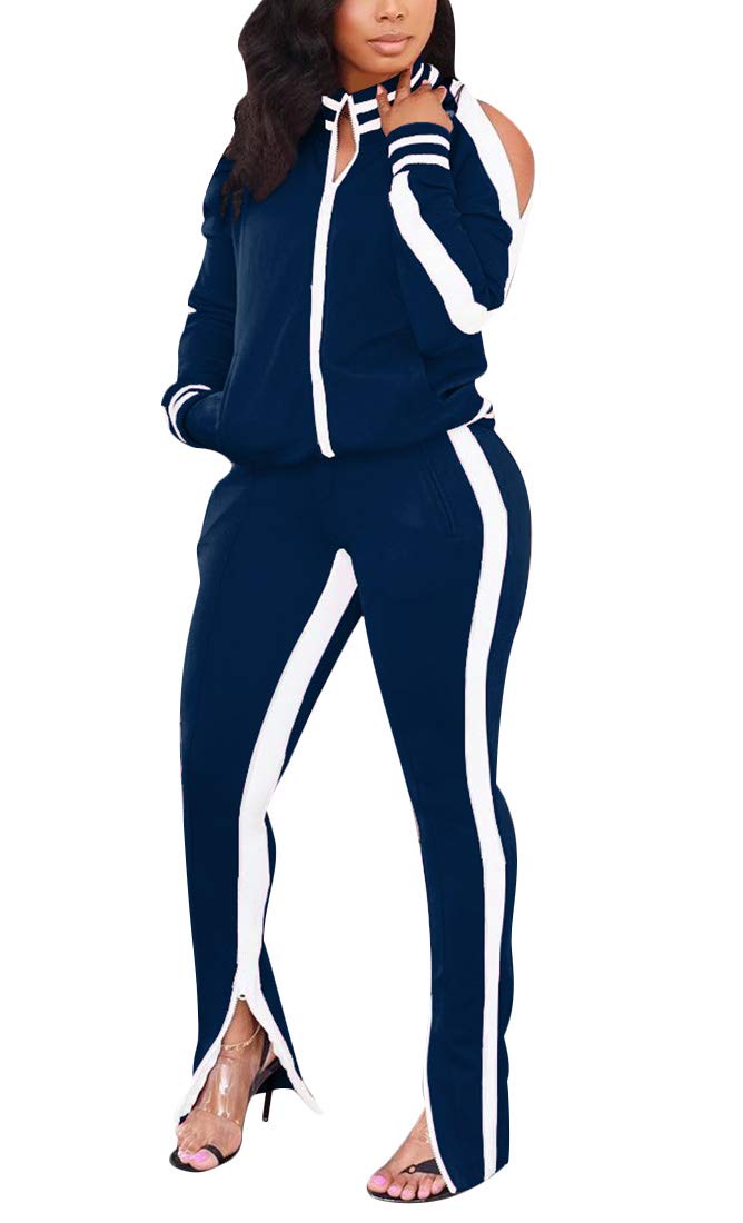 Aro Lora Women's Casual Striped Two-Piece Outfit with Long Sleeves and Side Slit - Stylish Tracksuit Jumpsuit for Workout, Lounge & Streetwear Fashion