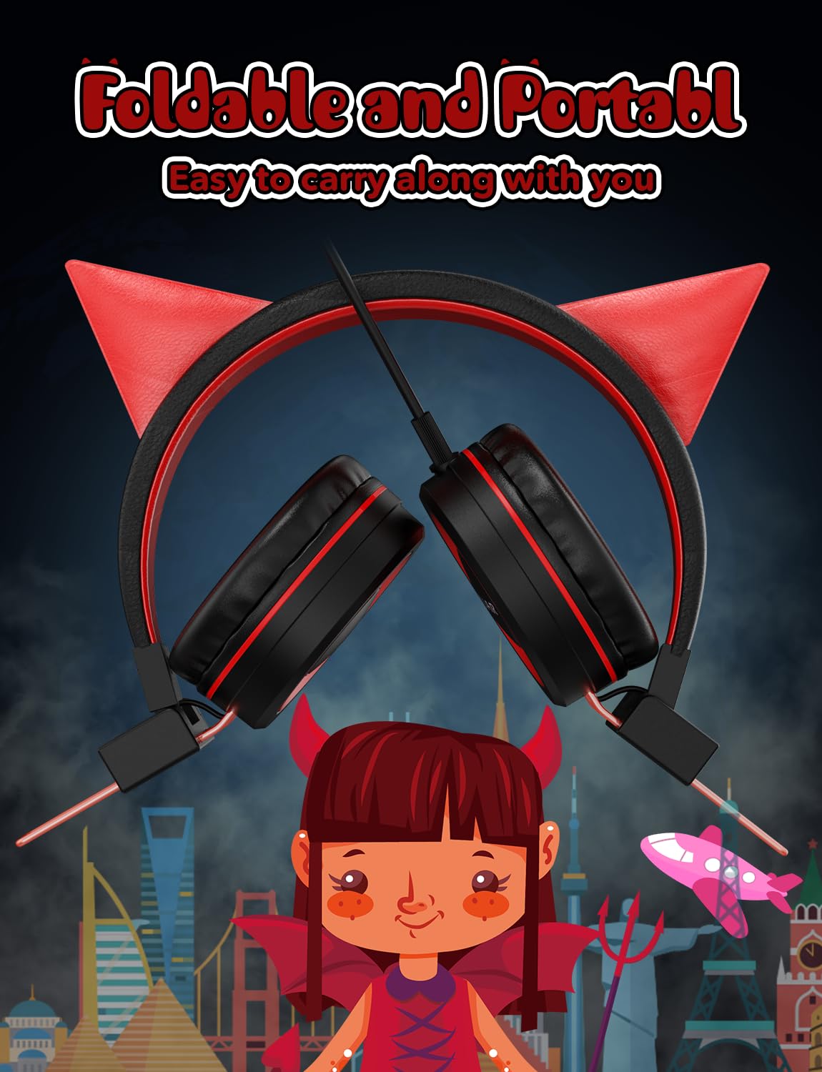 Simjar Demon Kids Headphones - Wired Foldable Headphones with Adjustable Headband, 3.5mm Jack for Boys & Girls - Perfect for Halloween, School, Online Learning, Travel, Tablet, iPad & Computer Use