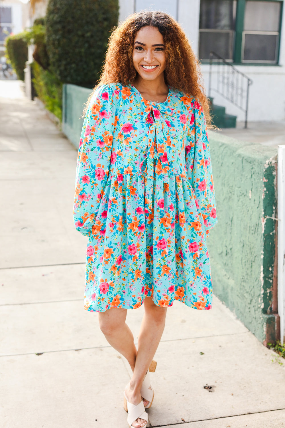 Feeling Femme Aqua Floral Ribbon Bow Tie Babydoll Dress - Elegant Summer Party Outfit for Women, Perfect for Weddings, Date Nights & Beach Vacations