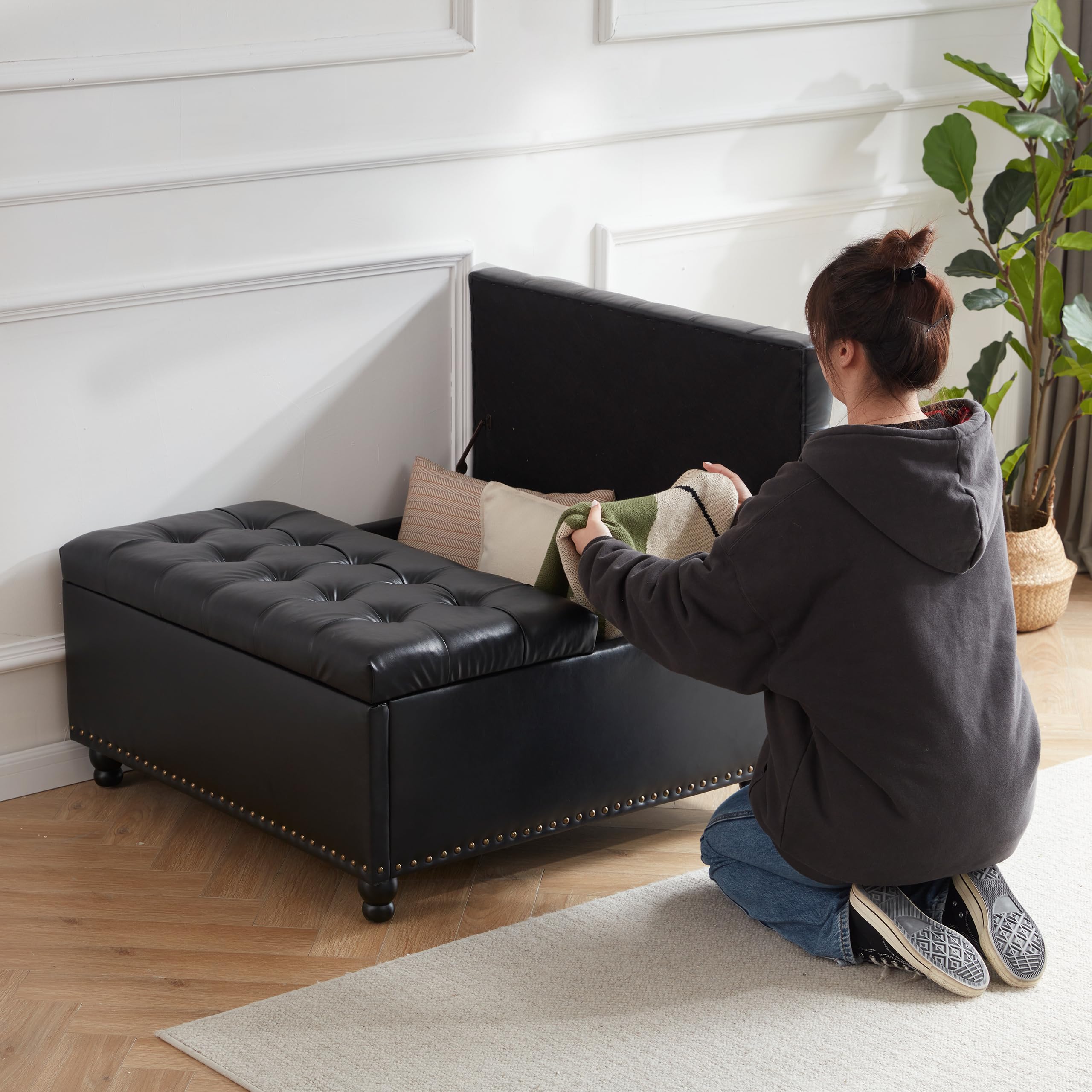 Tbfit Large Square Storage Ottoman Bench - Tufted Upholstered Coffee Table with Hidden Storage | Oversized Multi-Functional Ottoman Toy Box for Living Room, Bedroom & Nursery (Black) - Perfect for Extra Seating, Home Organization & Kids Toy Storage