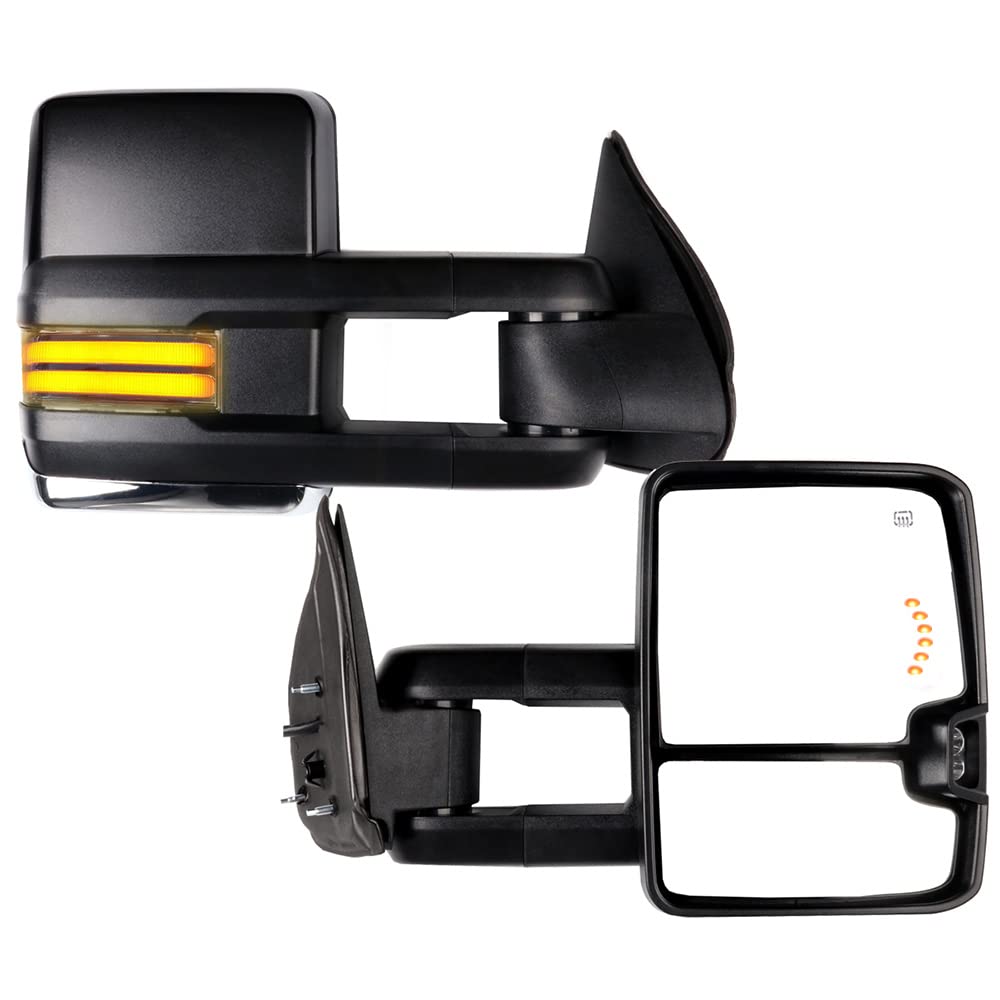Heated Power Towing Mirrors for 2008-2013 Chevy Silverado & GMC Sierra - LED Turn Signal, Running Lights, Black Pair (Left & Right) - Perfect for Towing Trailers, Boats & RVs in All Weather Conditions