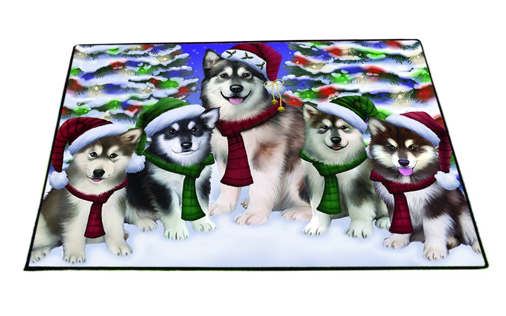 Premium Anti-Slip Christmas Family Portrait Alaskan Malamute Dog Floor Mat - Washable Indoor/Outdoor Pet Door Rug for Home Entrance - 24