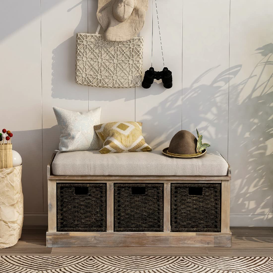 Rustic Entryway Storage Bench with 3 Removable Rattan Baskets & Cushion - White Washed Wooden Hallway Organizer (WF193443AAN) | Perfect for Entryway Seating, Shoe Storage & Home Decor