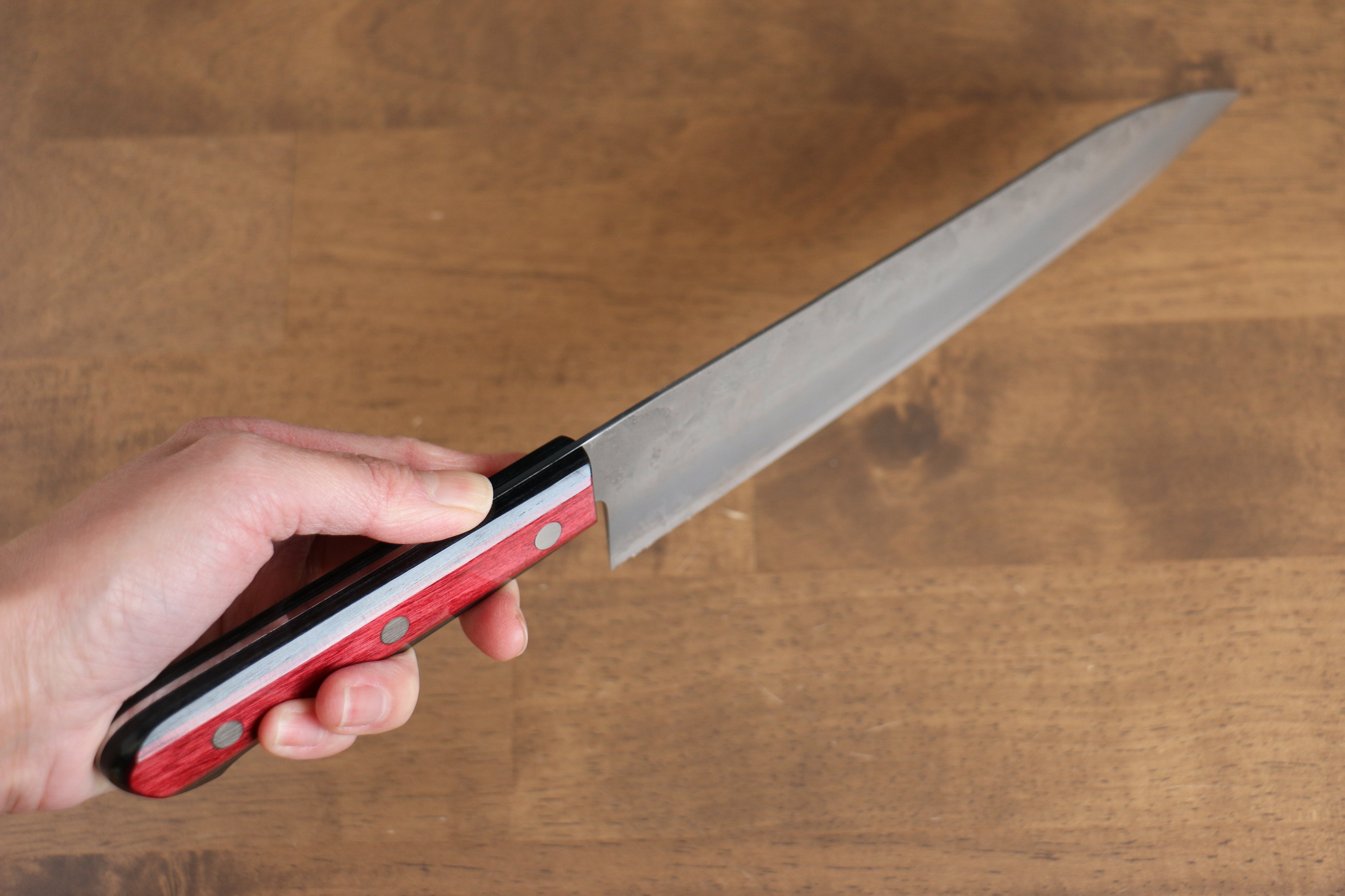Premium Seisuke Ringo Silver Steel No.3 Nashiji Gyuto 210mm Japanese Chef Knife with Red Pakka Wood Handle - Perfect for Sushi, Meat Cutting & Professional Kitchen Use