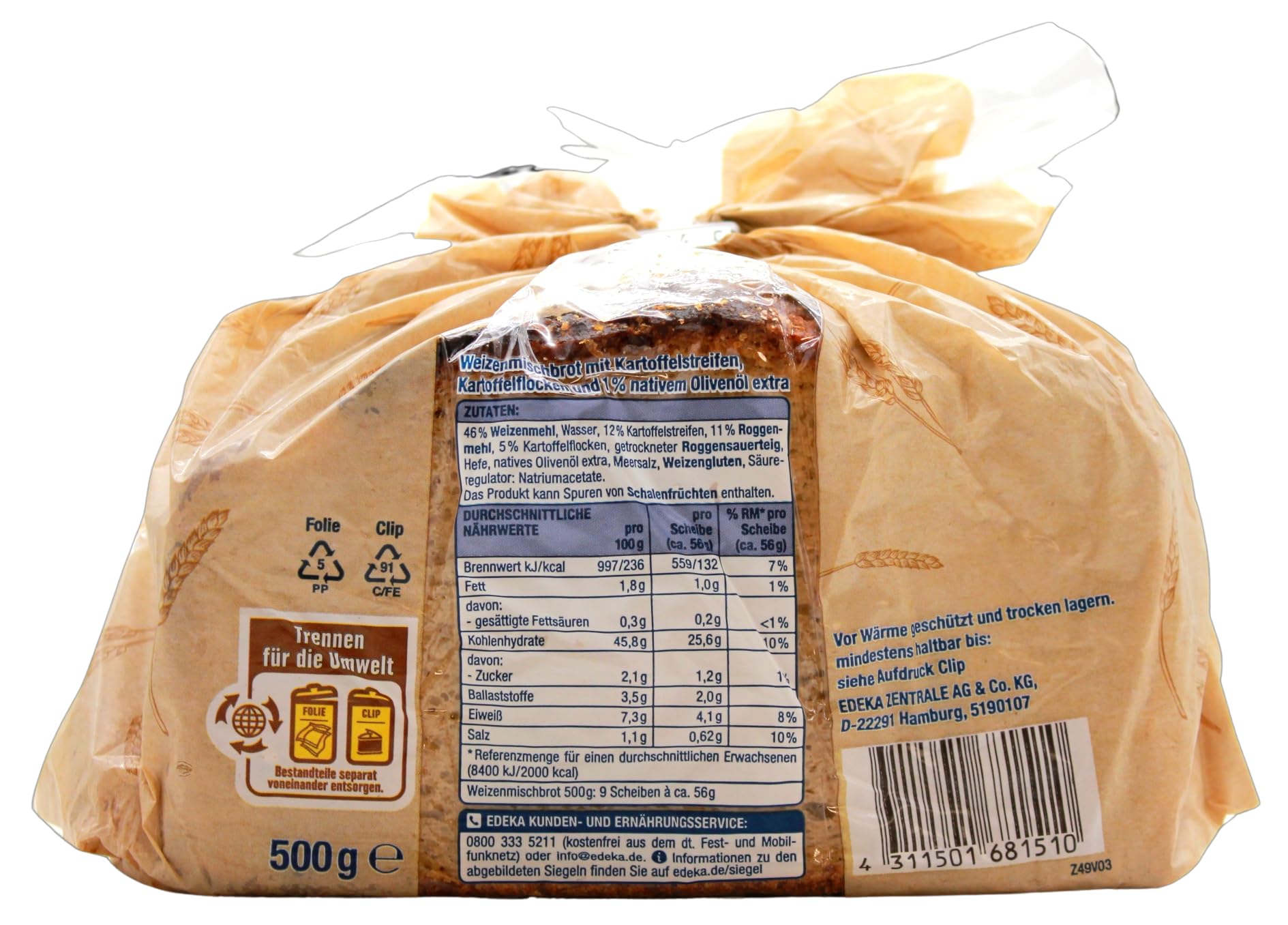 Edeka Softie Potato Wheat Mixed Bread with Potato Strips - 5 Pack (500g Each) - Perfect for Sandwiches, Breakfast & Snacks