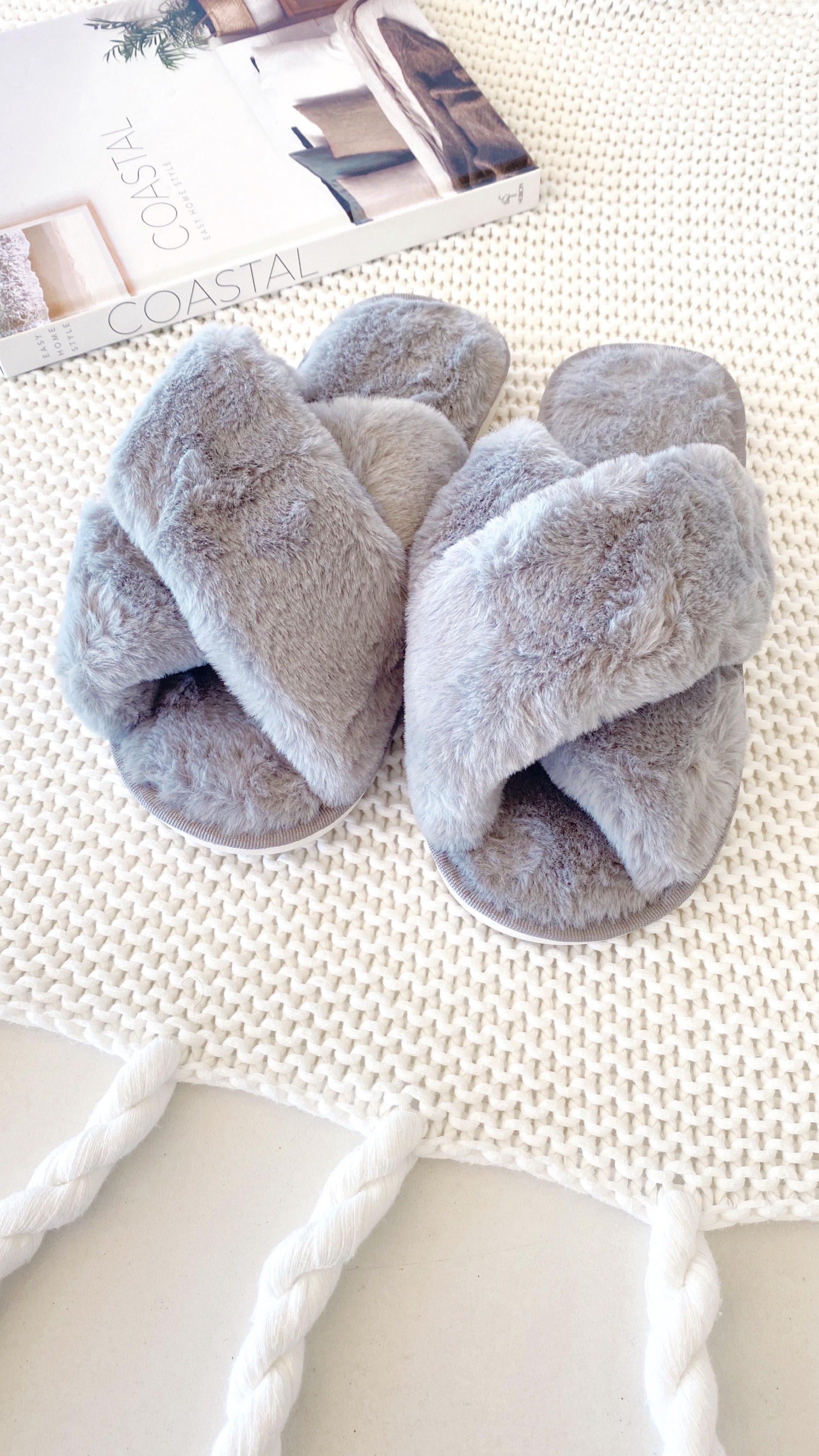 Jessica Fluffy Slippers for Women - Soft Grey Cozy Indoor/Outdoor House Shoes - Perfect for Home, Lounge & Winter Comfort