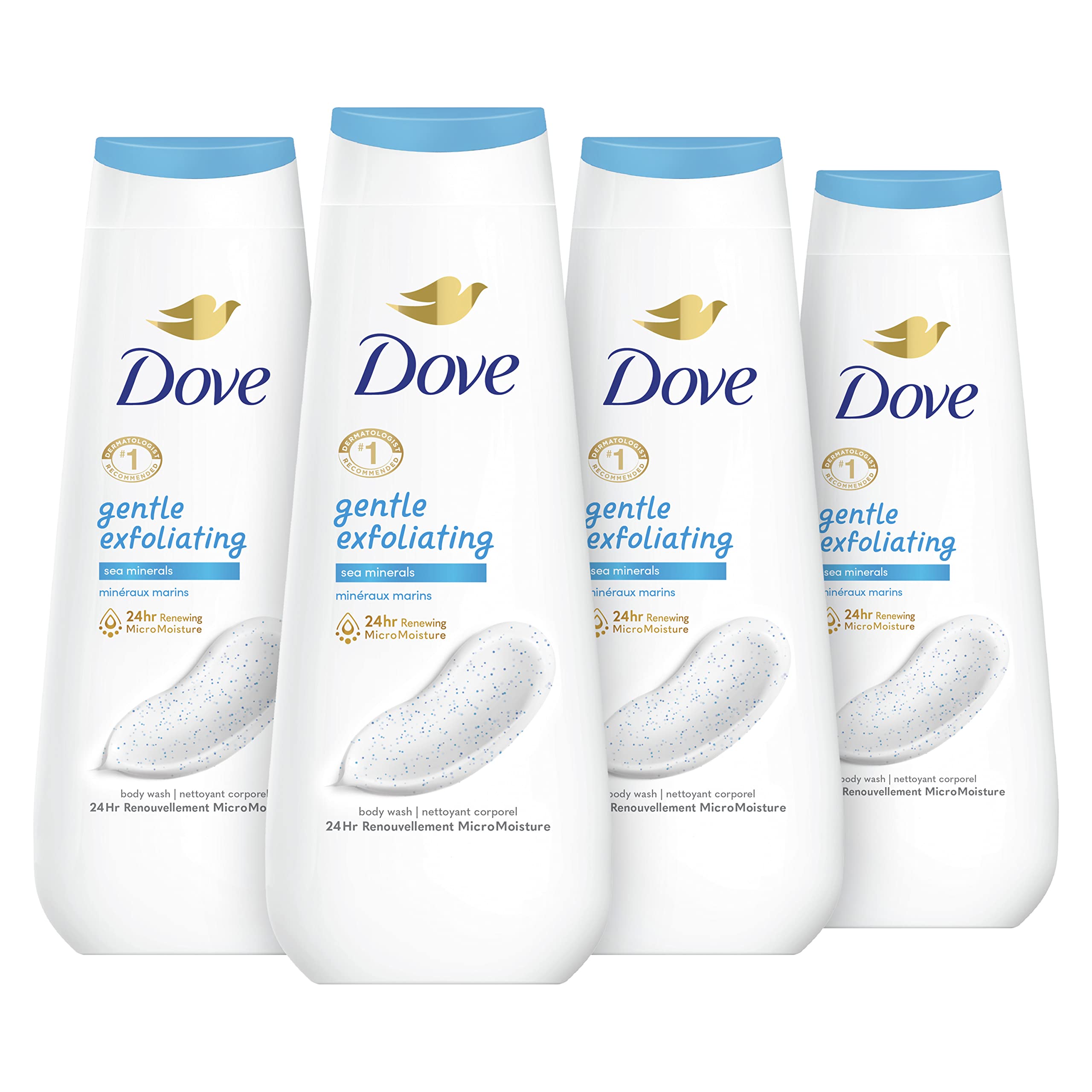 Dove Gentle Exfoliating Body Wash with Sea Minerals (4-Pack) & Original Beauty Bar Cleanser with Moisturizing Cream (14 Bars, 3.75 oz) Bundle - Hydrating Skincare Routine for Dry & Sensitive Skin