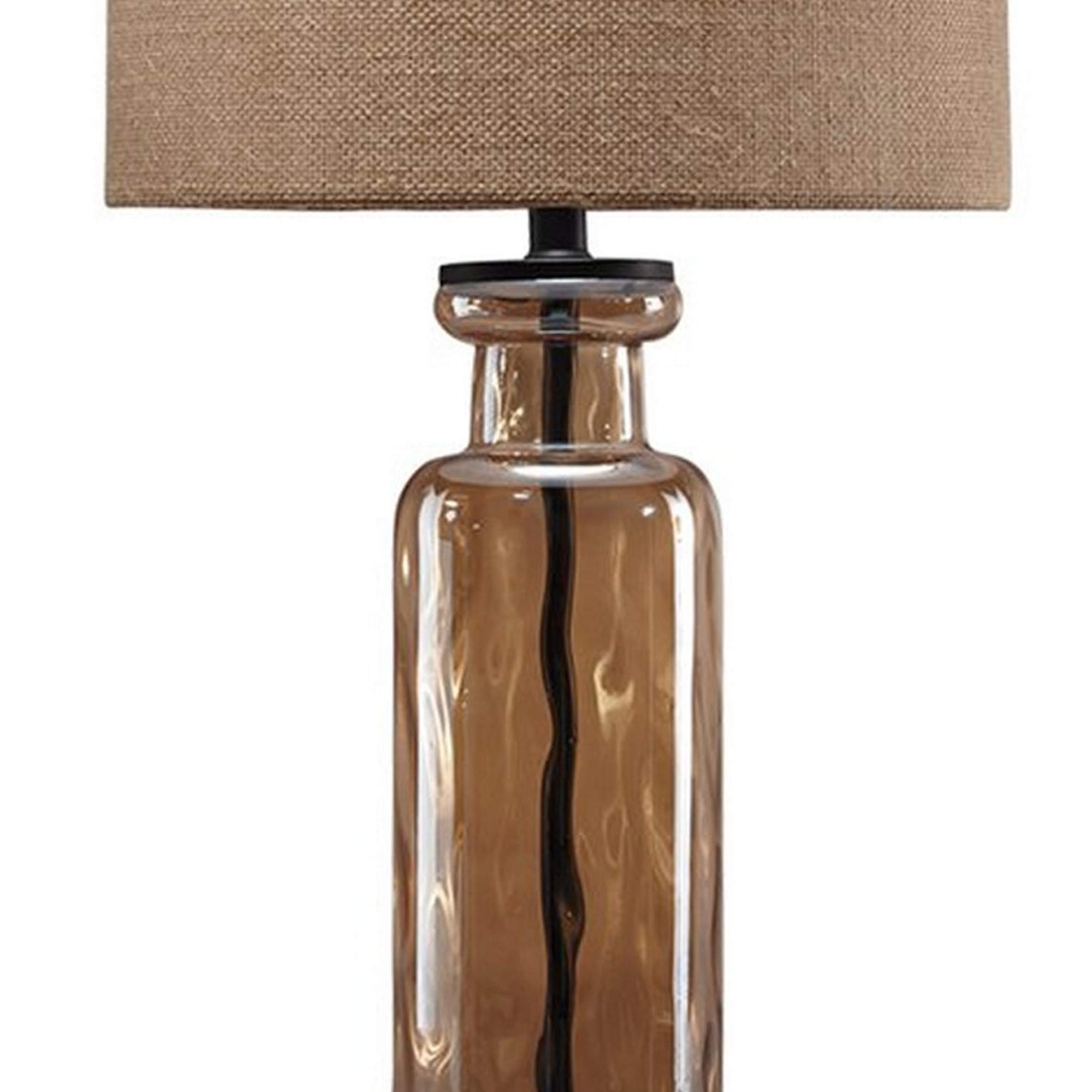 Benjara Gold Beige Fabric Drum Shade Glass Table Lamp - Elegant Living Room Bedside Lighting for Home Office Decor