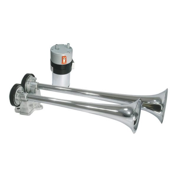 12V Chrome Metal Master Blaster Alternating Twin Trumpet Air Horn AAA 1222 - Loud Truck & Vehicle Warning System for Emergency & Safety Use