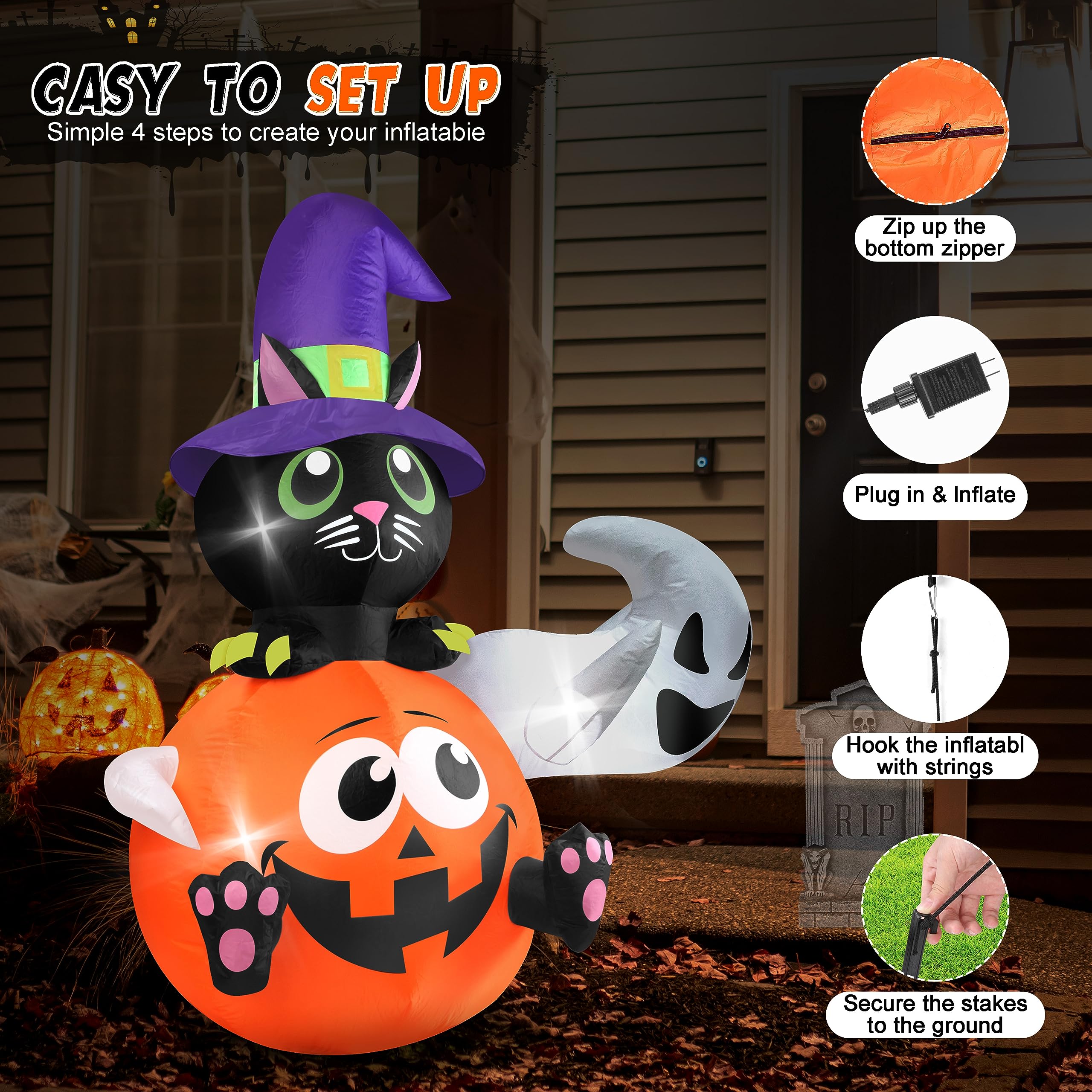 5 FT Halloween Inflatable Pumpkin & Witch Cat Yard Decoration with Built-in LED Lights - Indoor/Outdoor Halloween Decor for Porch, Lawn, Garden Party (HMCQ001)