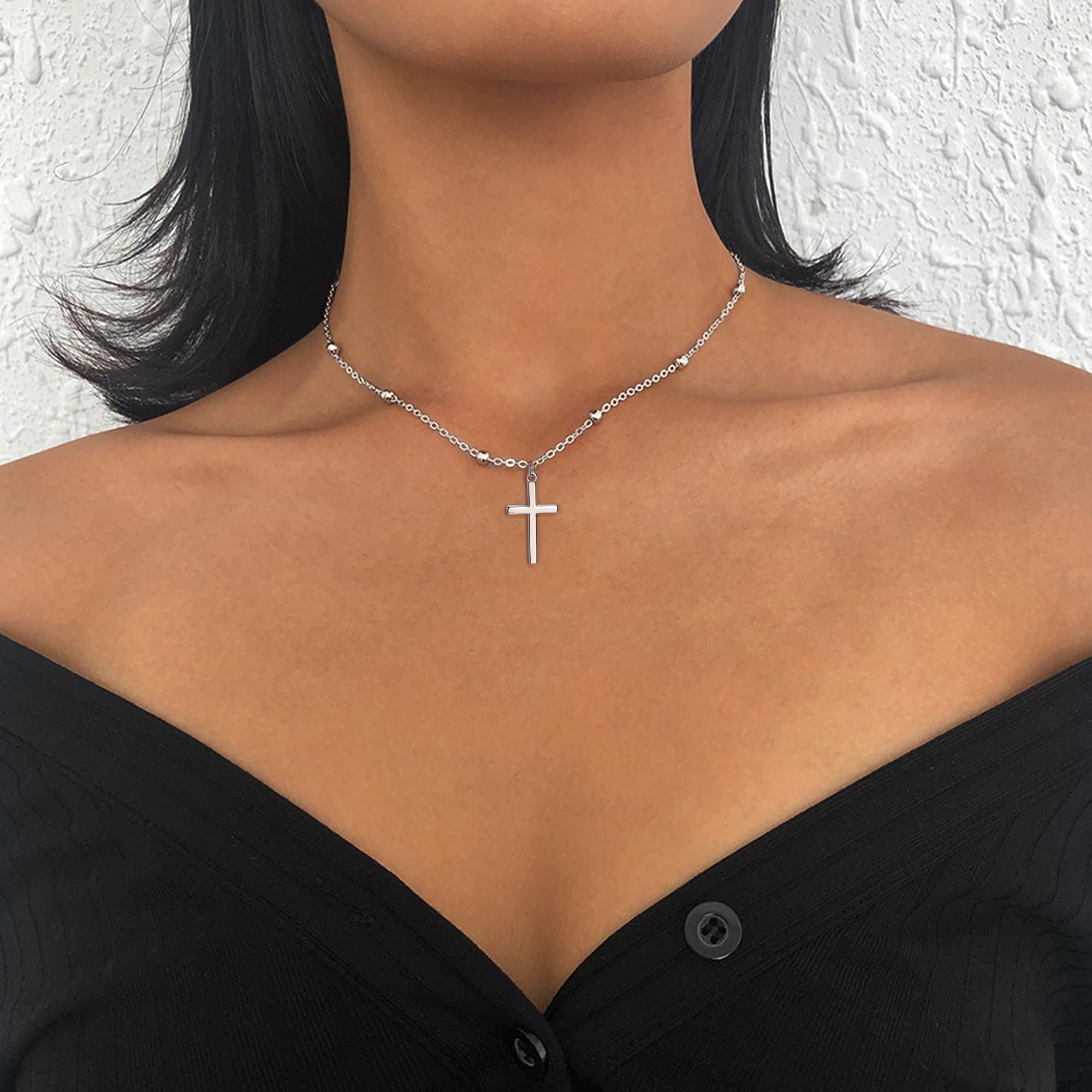 KALVICA Tiny Silver Cross Pendant Necklace for Women & Girls - Dainty Beaded Chain with Faith, Hope & Love Charm - Perfect Christian Jewelry Gift for Baptism, Confirmation & Everyday Wear