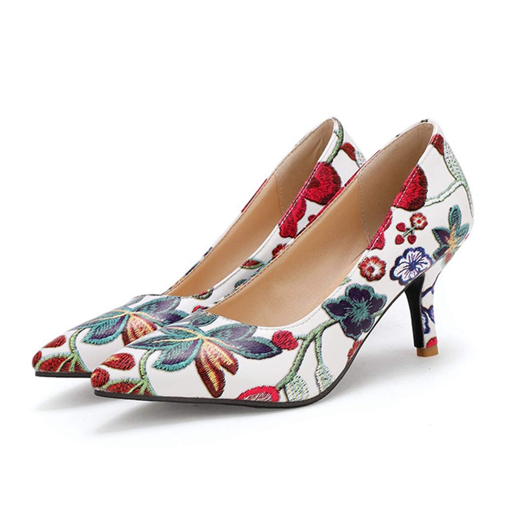 Mioke Women's Retro Embroidered Floral Kitten Heel Pumps - Pointed Toe Slip-On Stiletto Dress Shoes for Wedding, Party & Office | Elegant Vintage Style