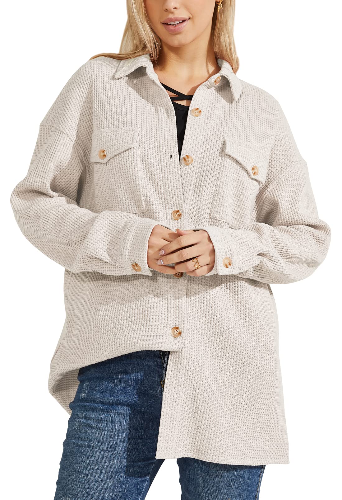 Women's Loose Fit Batwing Sleeve Waffle Knit Button Down Shirt Shacket Top - Casual Long Sleeve Blouse for Fall & Winter Layering, Work Office Wear and Weekend Outfits