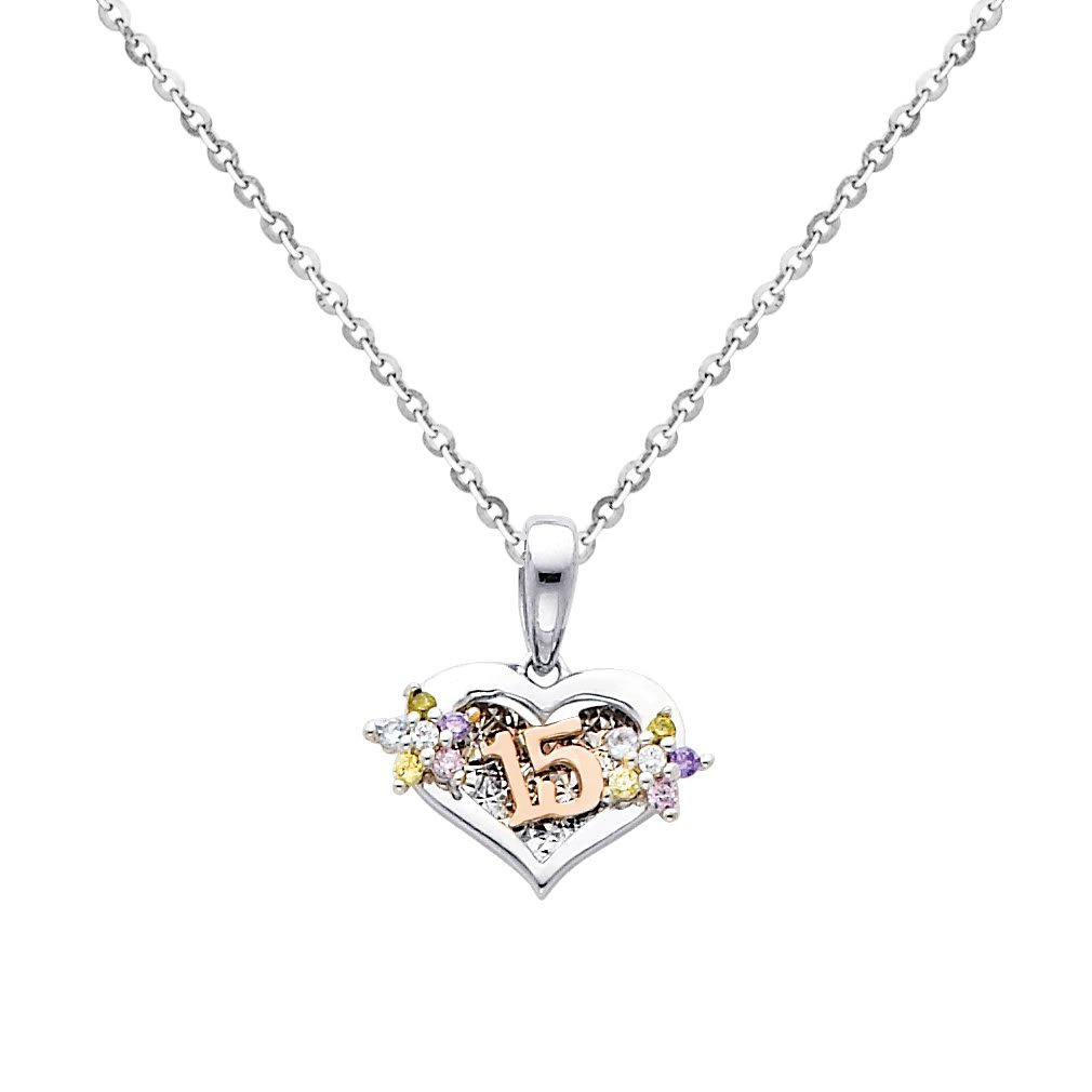 14K White Gold 15th Anniversary CZ Pendant with 1.2mm Cable Chain Necklace - Elegant Gift for Women, Anniversary, Birthday & Special Occasions