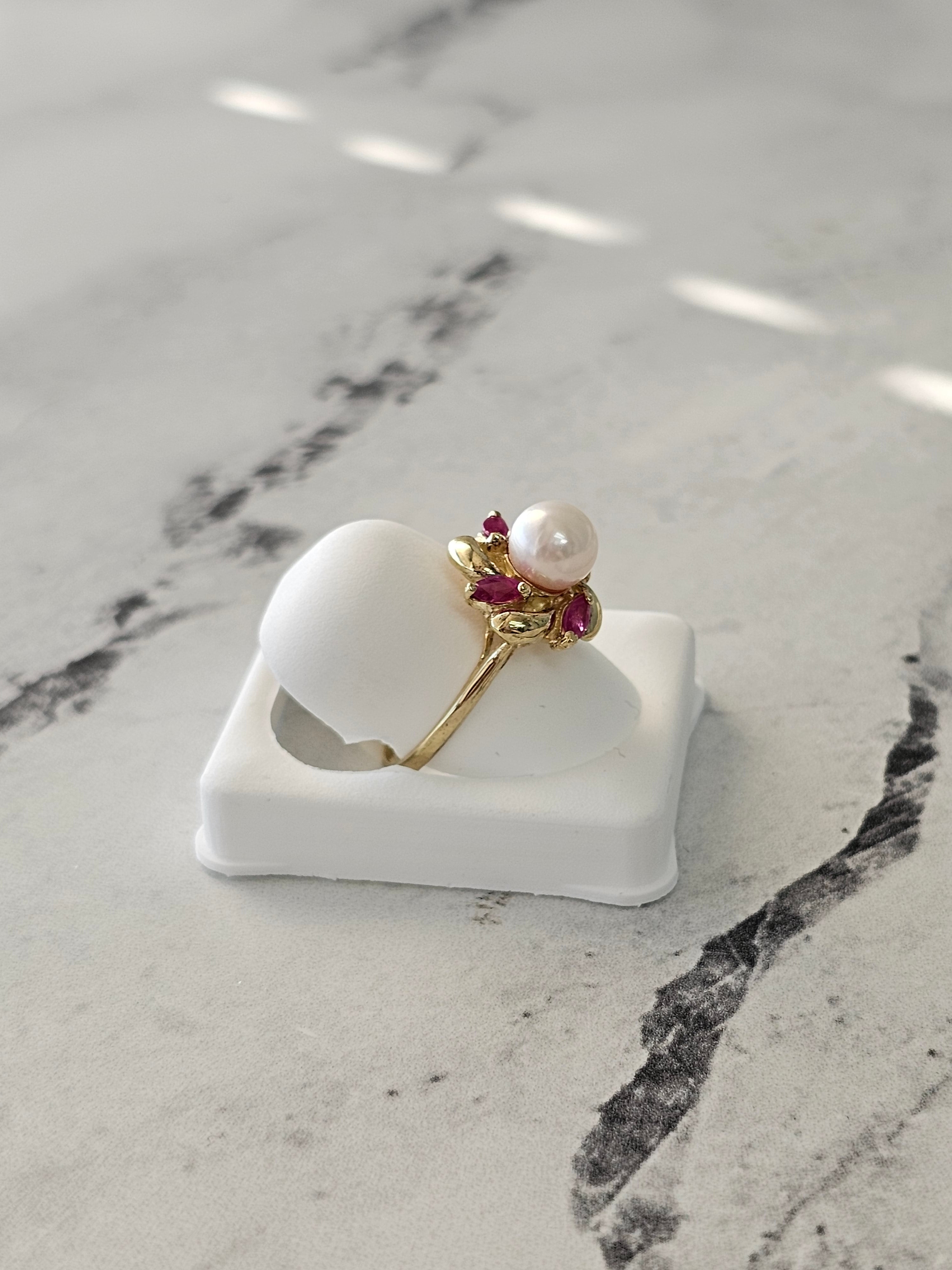 14K Yellow Gold Marquise Ruby and Pearl Accent Ring for Women - Elegant Jewelry Gift for Wedding, Anniversary, and Special Occasions
