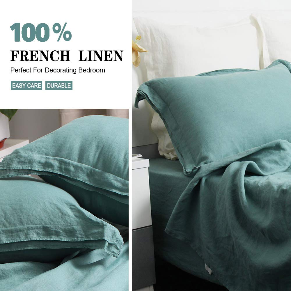 100% French Natural Linen Bedding Set - Stone Washed 4-Piece Sheet Set with Flange Pillowcases | Breathable, Durable & Hypoallergenic | Perfect for Master Bedroom, Guest Room & Vacation Homes (Full/Queen Size, Light Seagreen)