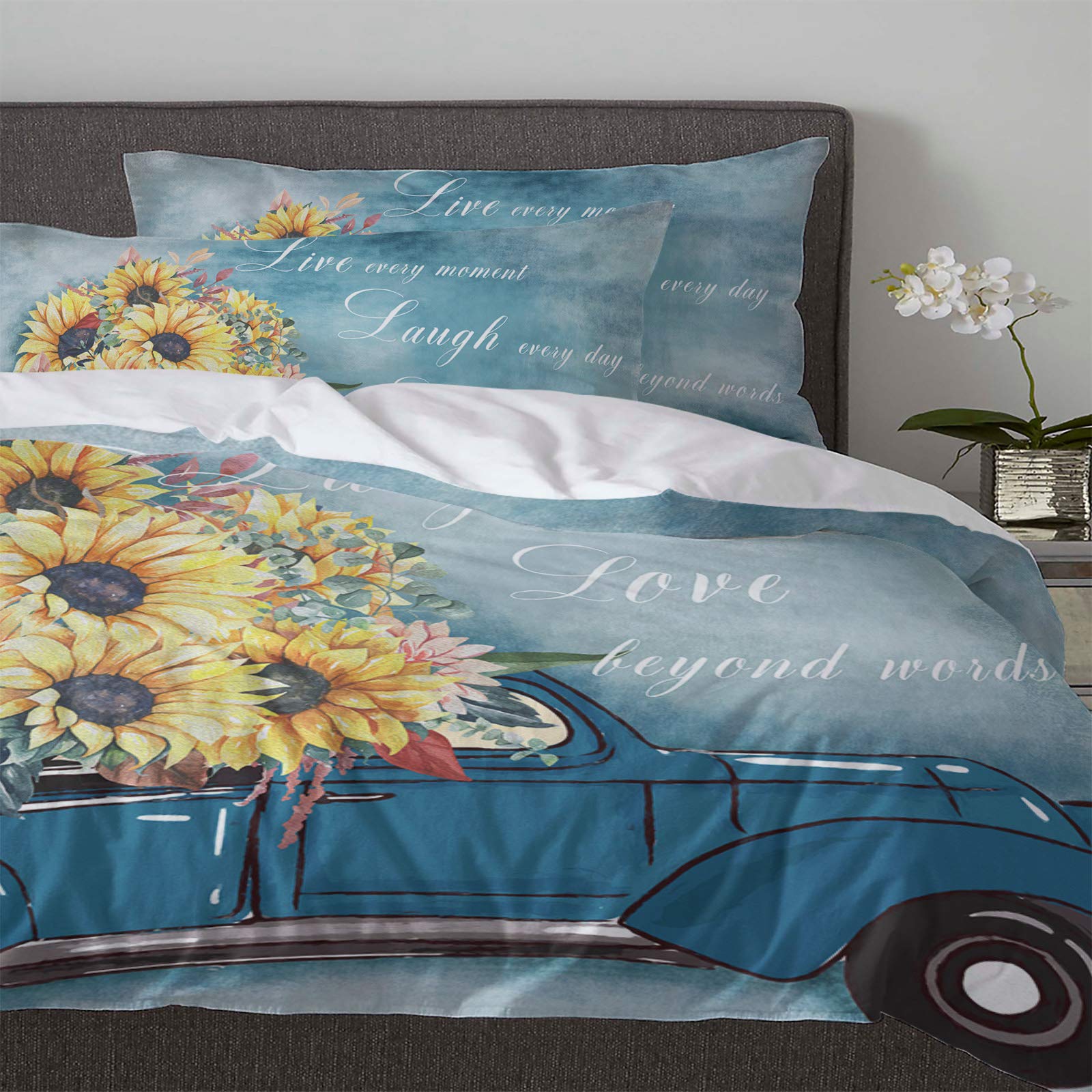 3-Piece King Size Duvet Cover Set - Blue Truck with Sunflowers & Plants Design, Soft Comforter Cover with Zipper Closure & 2 Pillow Shams - Perfect for Farmhouse, Rustic or Country Style Bedrooms (Live Simply Laugh Often Love Deeply Theme)