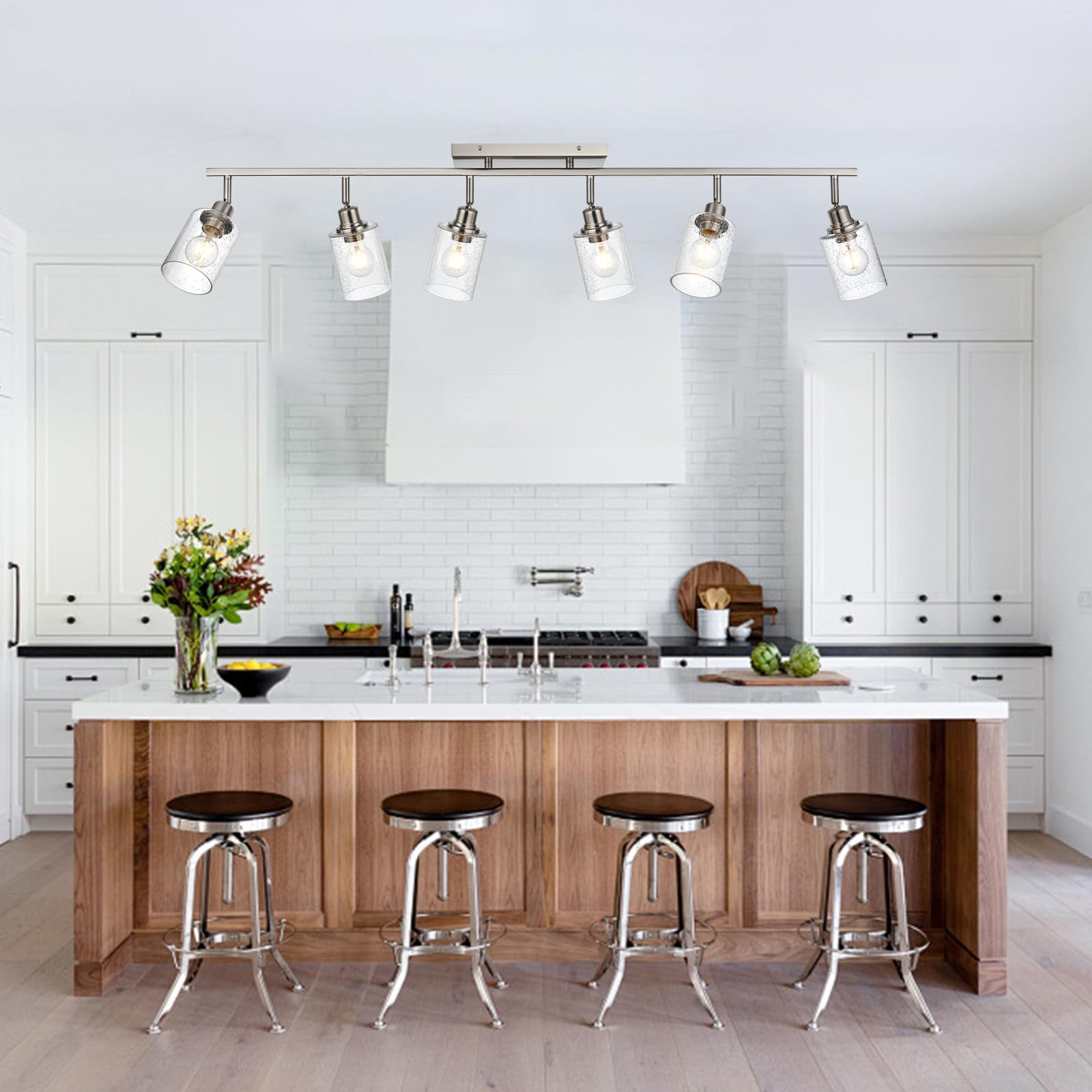 6-Light Flexible Track Lighting Kit - Brushed Nickel Flush Mount Ceiling Spotlights with Seeded Glass | Modern Track Light Fixtures for Kitchen, Bedroom & Bathroom Vanity | Perfect for Ambient Lighting in Living Rooms, Dining Areas and Retail Spaces
