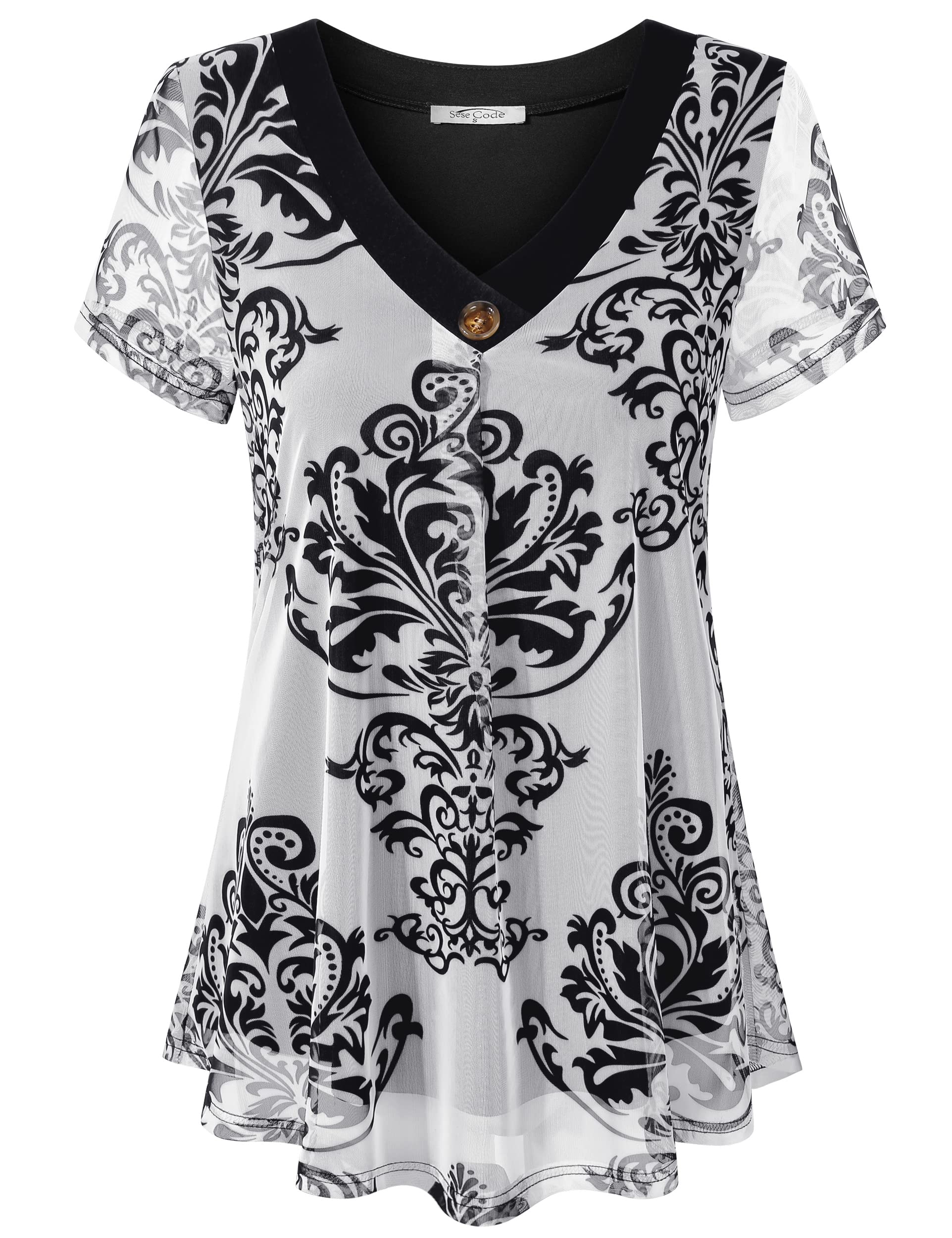 SeSe Code Women's Pleated Stretch Mesh Blouse - Short Sleeve Breathable Flowy Shirt for Work, Casual & Summer Outfits