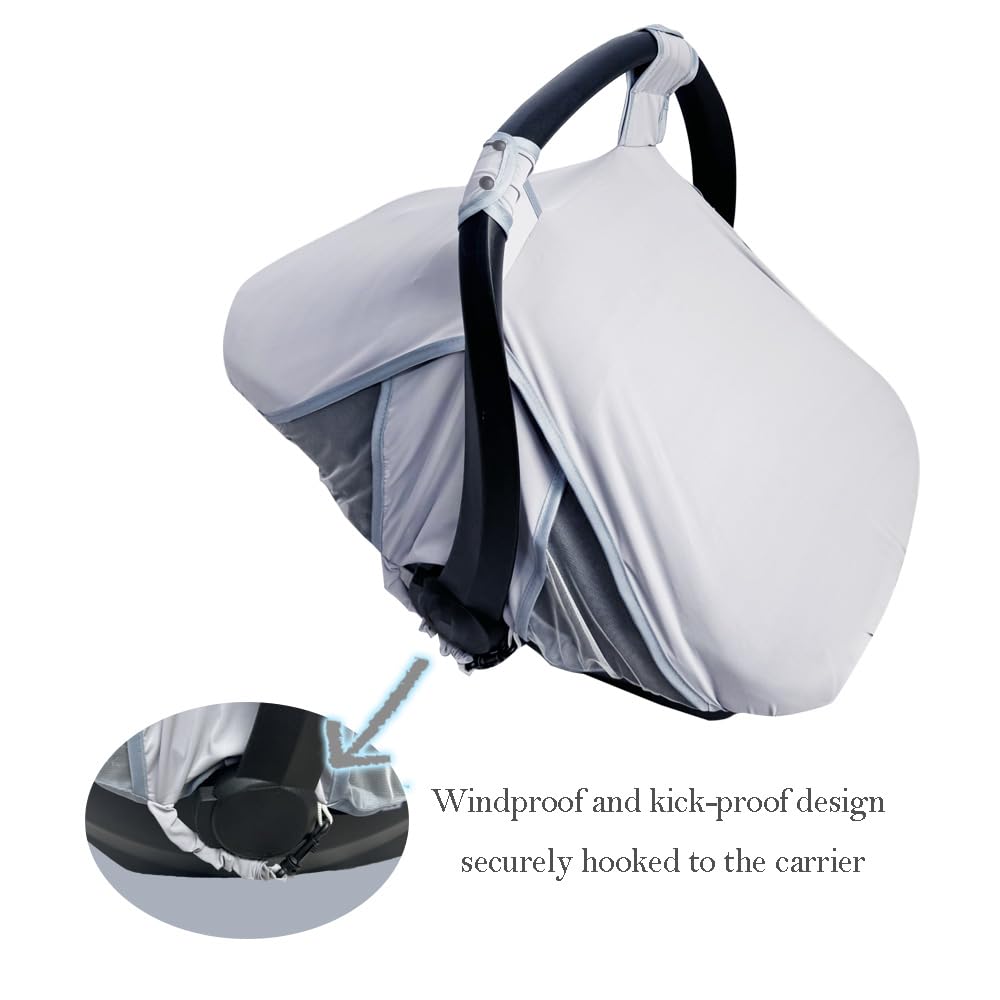 RHYDEER 2-in-1 Baby Car Seat Cover with Mosquito Net & Sun Shade - Breathable Grey Infant Car Seat Protector for UV Protection & Bug Prevention - Perfect for Strollers, Travel, and Outdoor Adventures