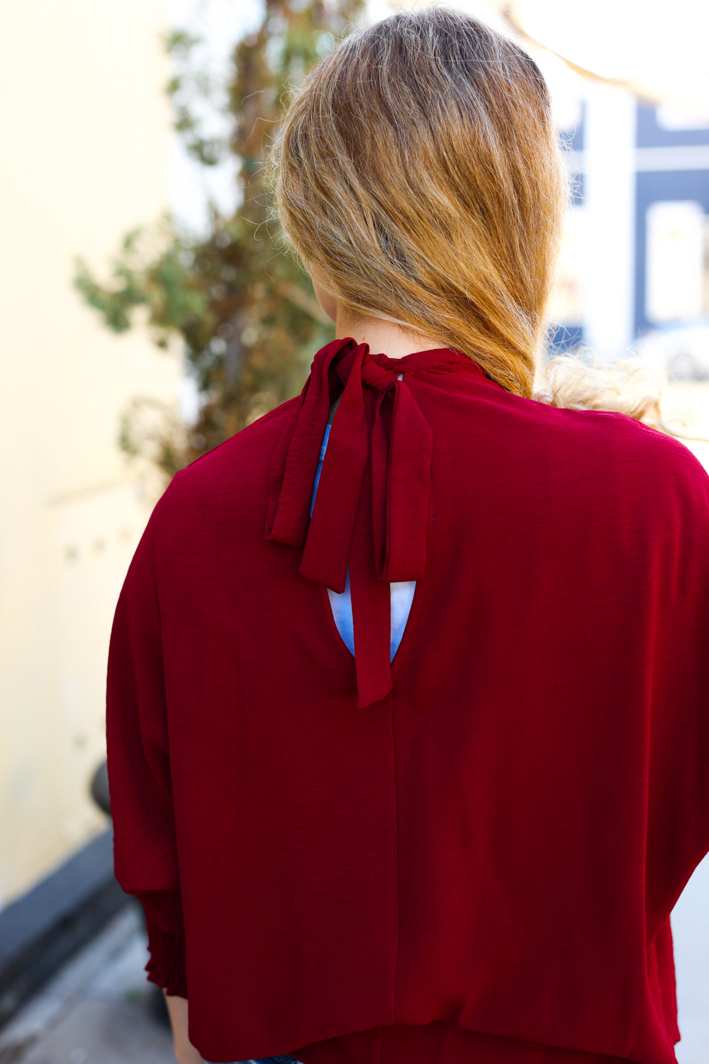 Bold Dreams Wine Smocked Three Quarter Sleeve Tie Back Top - Elegant Women's Blouse for Date Night, Cocktail Parties & Summer Outings