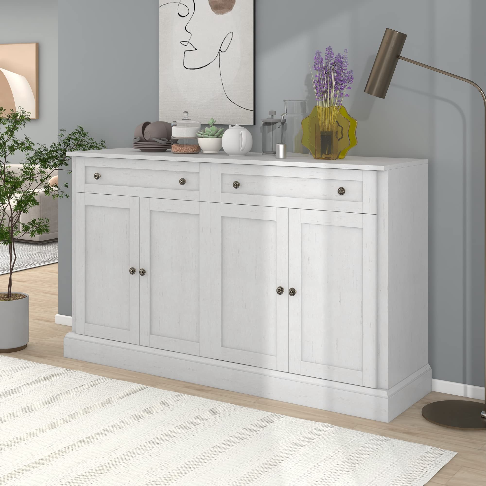Farmhouse Wood Storage Cabinet with 2 Drawers & Adjustable Shelves - Rustic Sideboard Buffet Table for Living Room, Kitchen & Hallway - Perfect for Home Organization & Dining Room Storage
