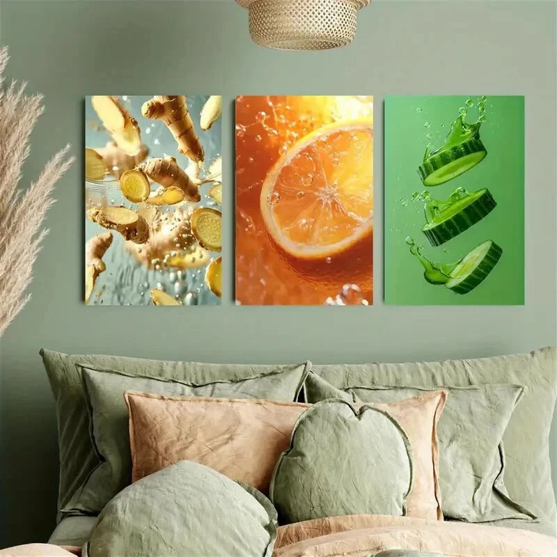 3-Piece Ginger, Orange & Cucumber Splashes Metal Wall Art - Ready to Hang Modern Kitchen Decor for Home, Office or Restaurant