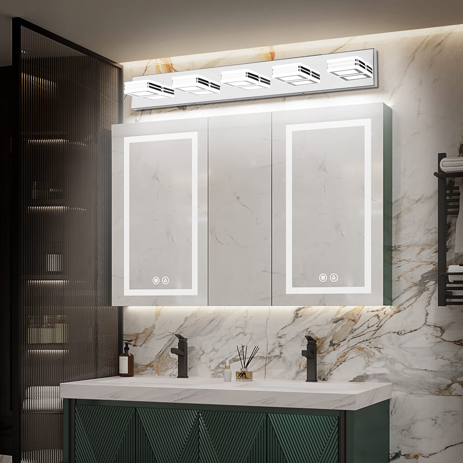 SOLFART Modern Dimmable LED Bathroom Vanity Lights - 5-Light Chrome Wall Sconce for Mirror Lighting, Perfect for Makeup, Shaving & Bathroom Decor