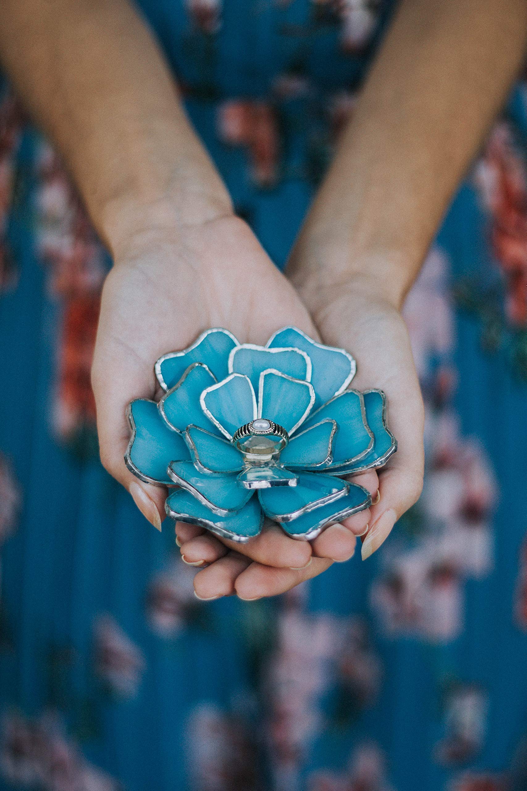 Opalescent Glass Floral Jewelry Dish - Elegant Engagement & Wedding Ring Holder for Ceremony Decor, Valentines Day Gift for Her (Blue) | Perfect for Ring Bearer Pillow Alternative, Bridal Shower, Anniversary & Romantic Home Decor