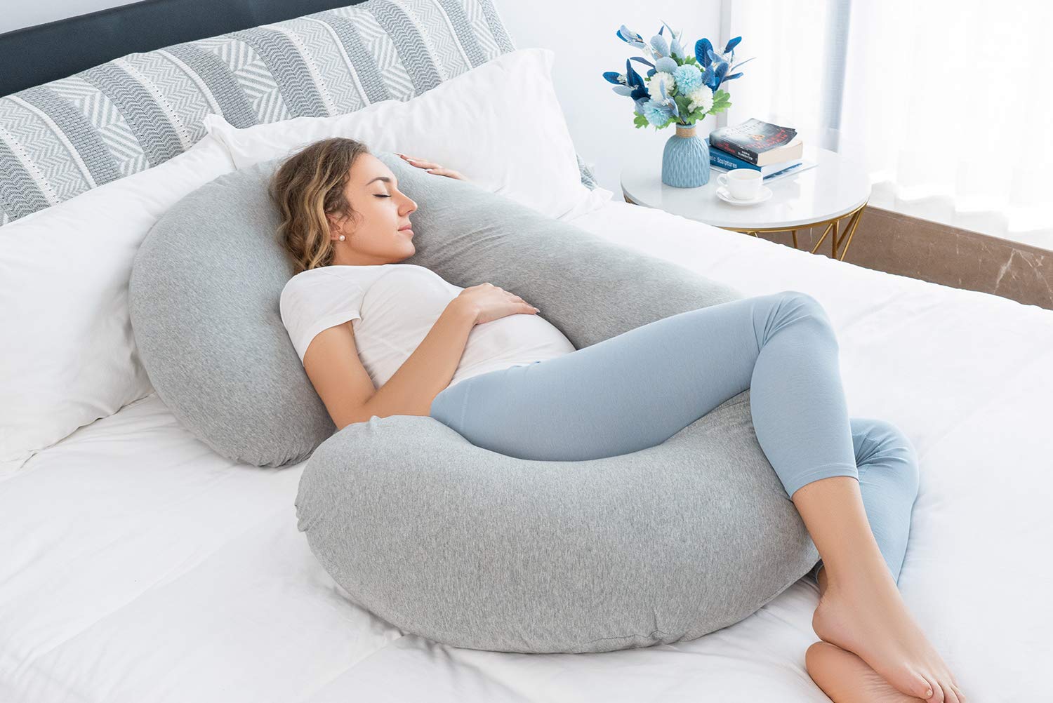 INSEN Pregnancy Pillow for Side Sleepers - C-Shaped Maternity Body Pillow with Soft Velvet Cover, Grey Jersey - Perfect for Back Pain Relief & Comfortable Sleep During Pregnancy