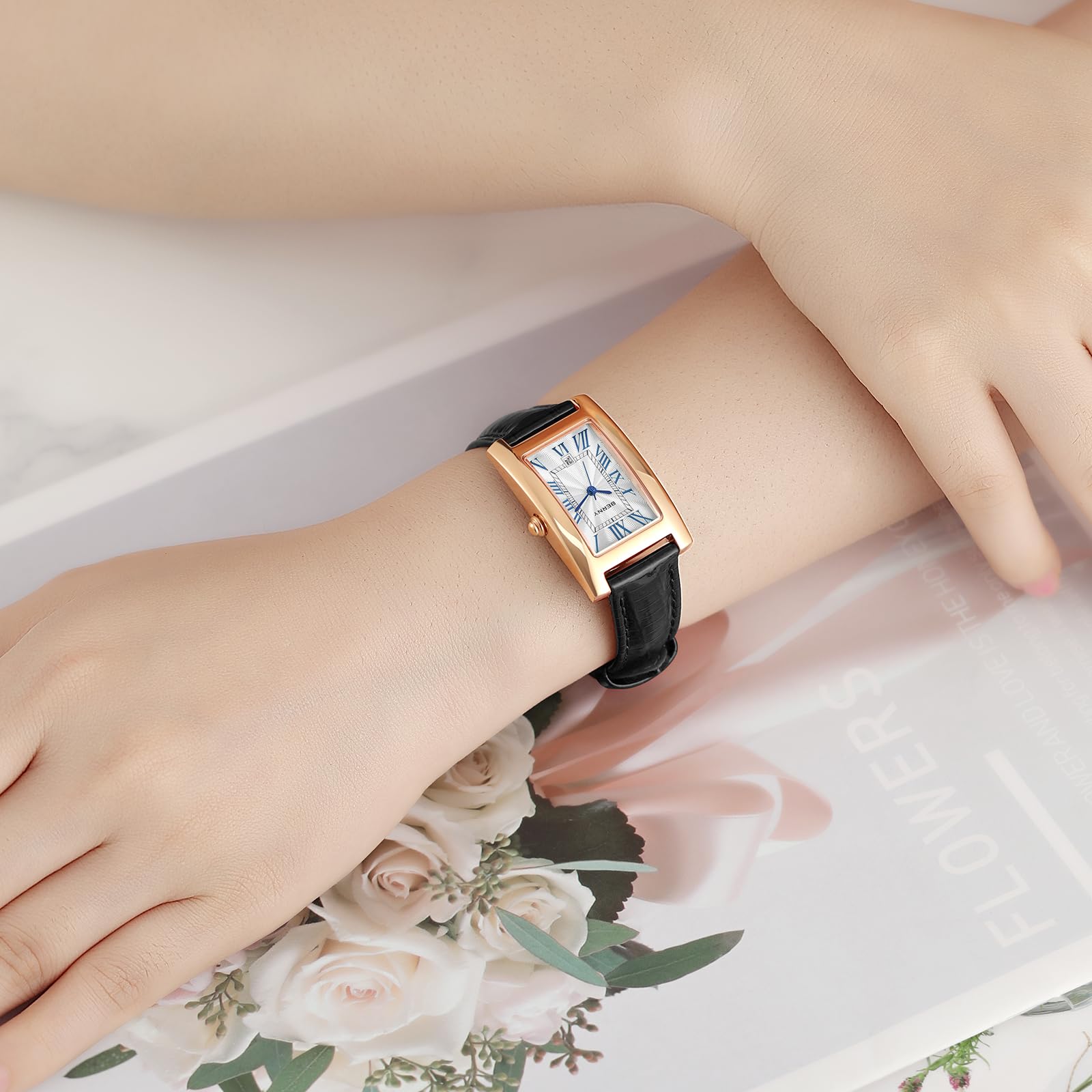 BERNY Women's Classic Roman Numeral Quartz Watch - Waterproof Analog Wristwatch with Date Calendar & Genuine Leather Strap | Perfect for Office, Casual Wear & Everyday Fashion Accessory