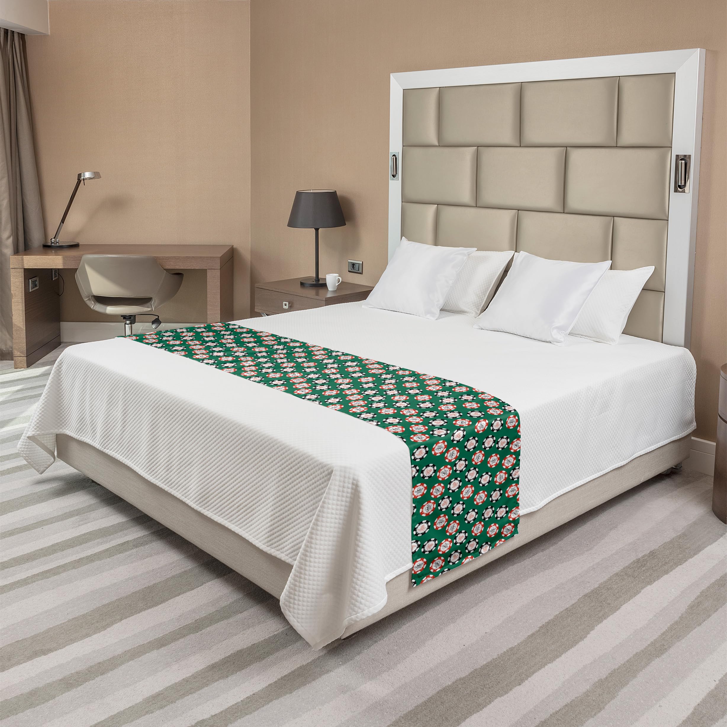 Ambesonne Casino Bed Runner - Poker Chips & Pirate Money Design with Skull & Bones Artwork - Decorative Bed Scarf for Home, Hotel & Guest Room Decor - Jade Green & Red - Perfect for Casino-Themed Parties & Luxury Bedroom Styling