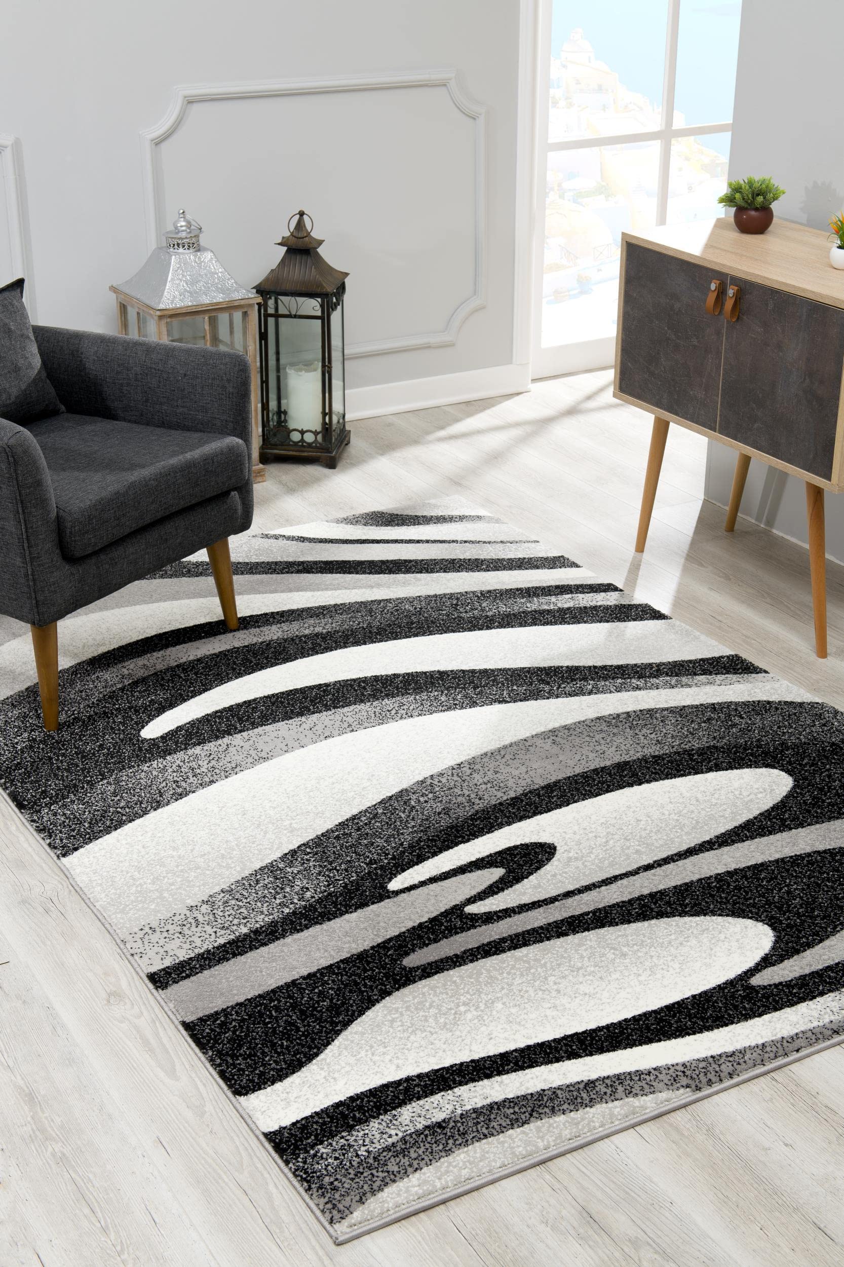 Modern Abstract Area Rug 4x6 Feet - Black Grey Non-Slip Living Room Rug for Bedroom, Office & Home Decor | Montage Collection by Rug Branch