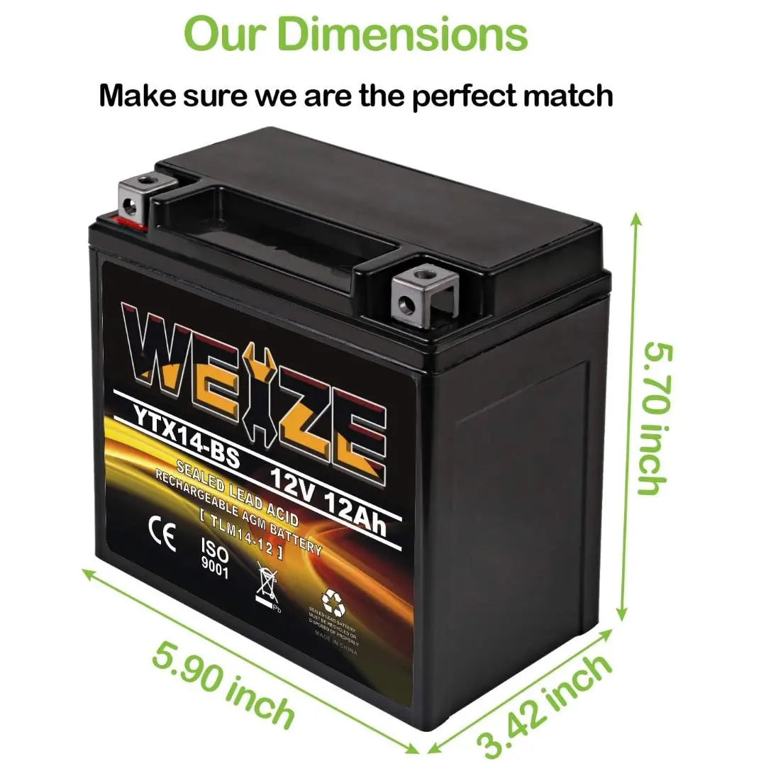 WEIZE YTX14-BS 12V 12Ah AGM Sealed Lead Acid Battery - High Performance, Maintenance Free ATV/Motorcycle Battery - Compatible with Honda, Suzuki, Kawasaki, Yamaha Scooters & Snowmobiles - Perfect for Off-Road Adventures, Winter Riding & Powersports Vehicles