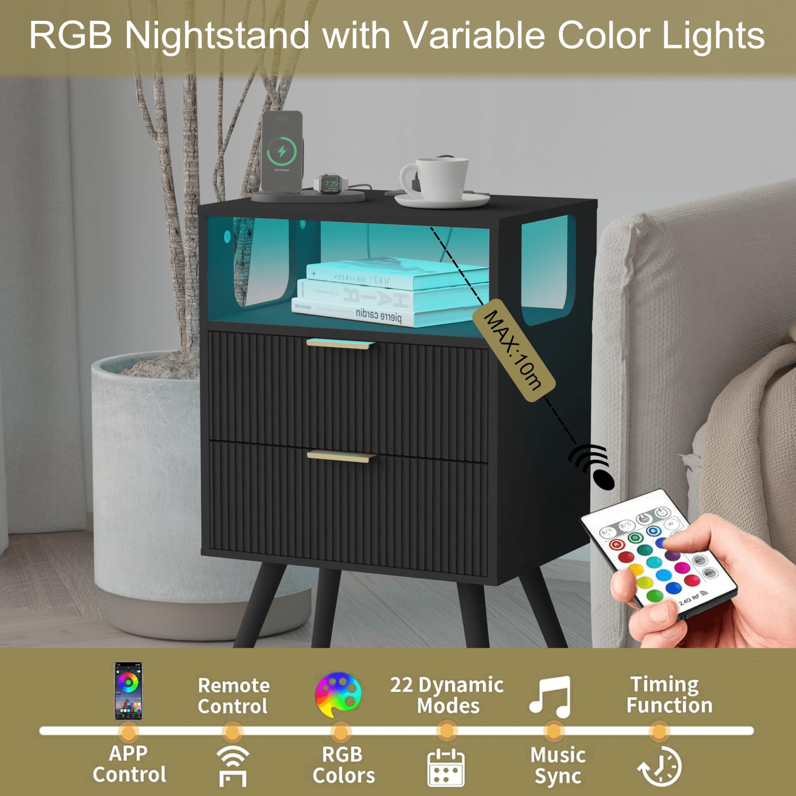 Modern Black Nightstand with USB Charging Station & LED Lights - Bedside Table with 2 Storage Drawers & Open Shelf - Solid Wood Legs for Bedroom, Living Room & Small Spaces - Perfect for Charging Devices & Nighttime Reading