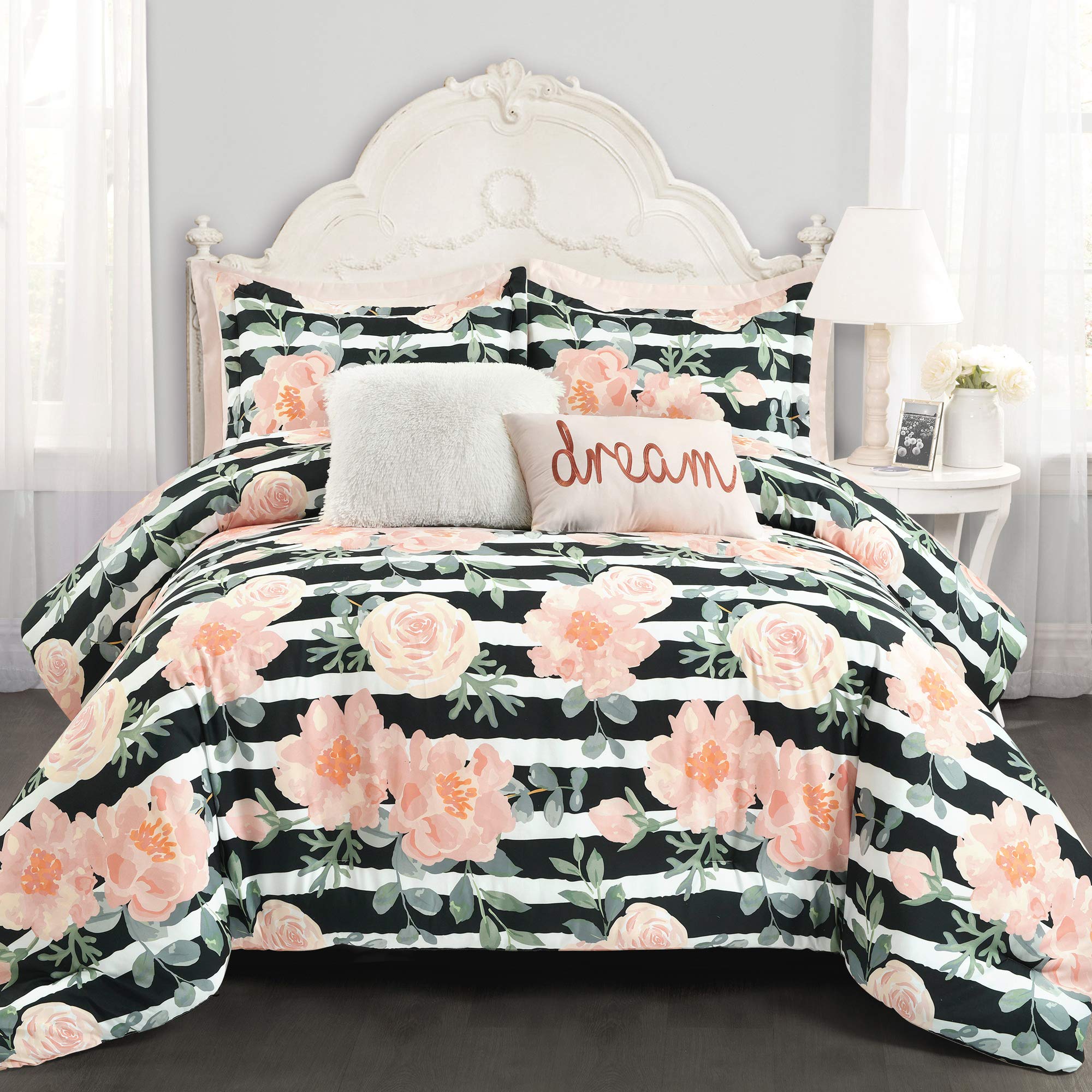 Lush Decor Amara Watercolor Rose 7-Piece King Comforter Set - Black & Dusty Rose Floral Bedding | Perfect for Master Bedroom, Guest Room & Luxury Hotel Decor