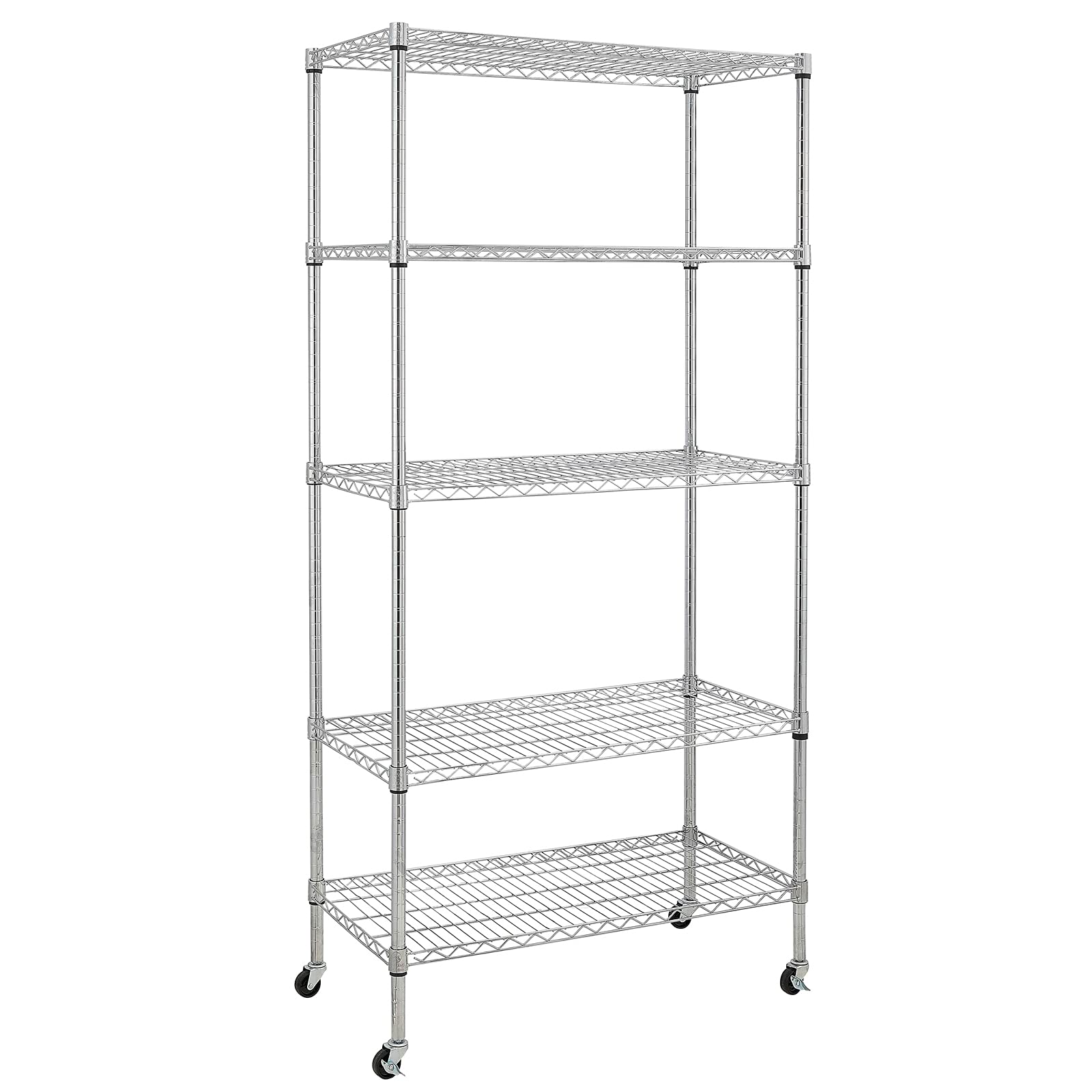 Adjustable 5-Tier Steel Wire Shelving Unit with PE Mat, Leveling Feet & Safety Device - 90 x 45 x 180cm Chrome Storage Rack for Garage, Kitchen, Pantry Organization & Commercial Use