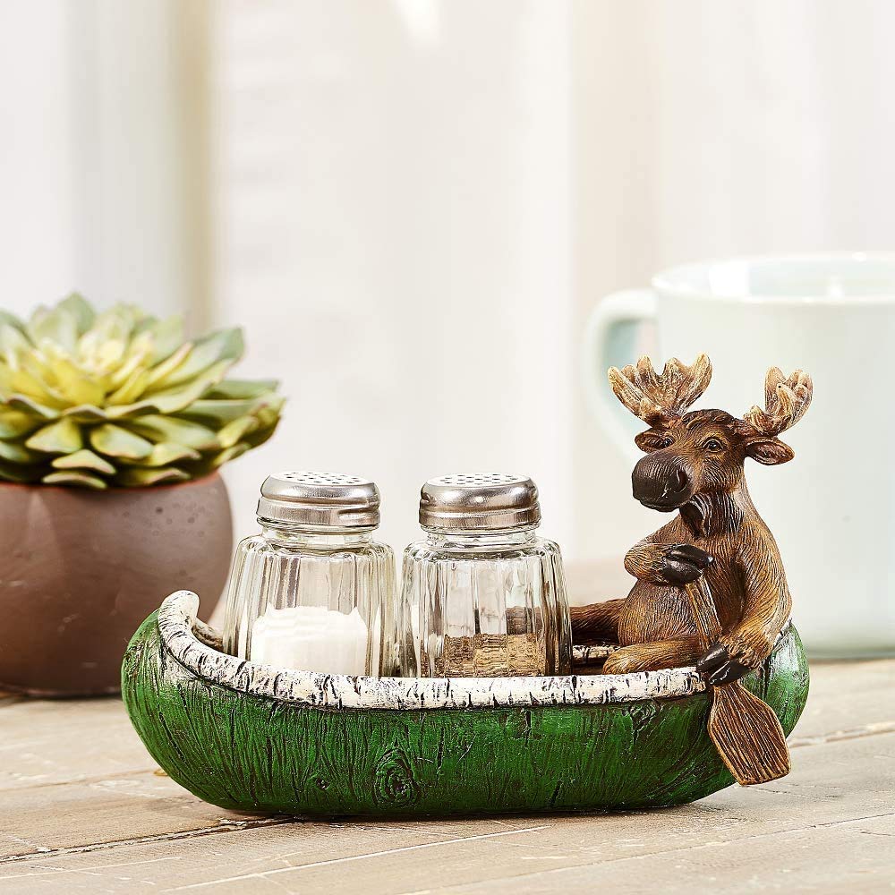 Giftcraft Resin Moose on Boat Salt and Pepper Shaker Set with Wooden Tray - Perfect for Kitchen, Dining Table, and Cabin Decor