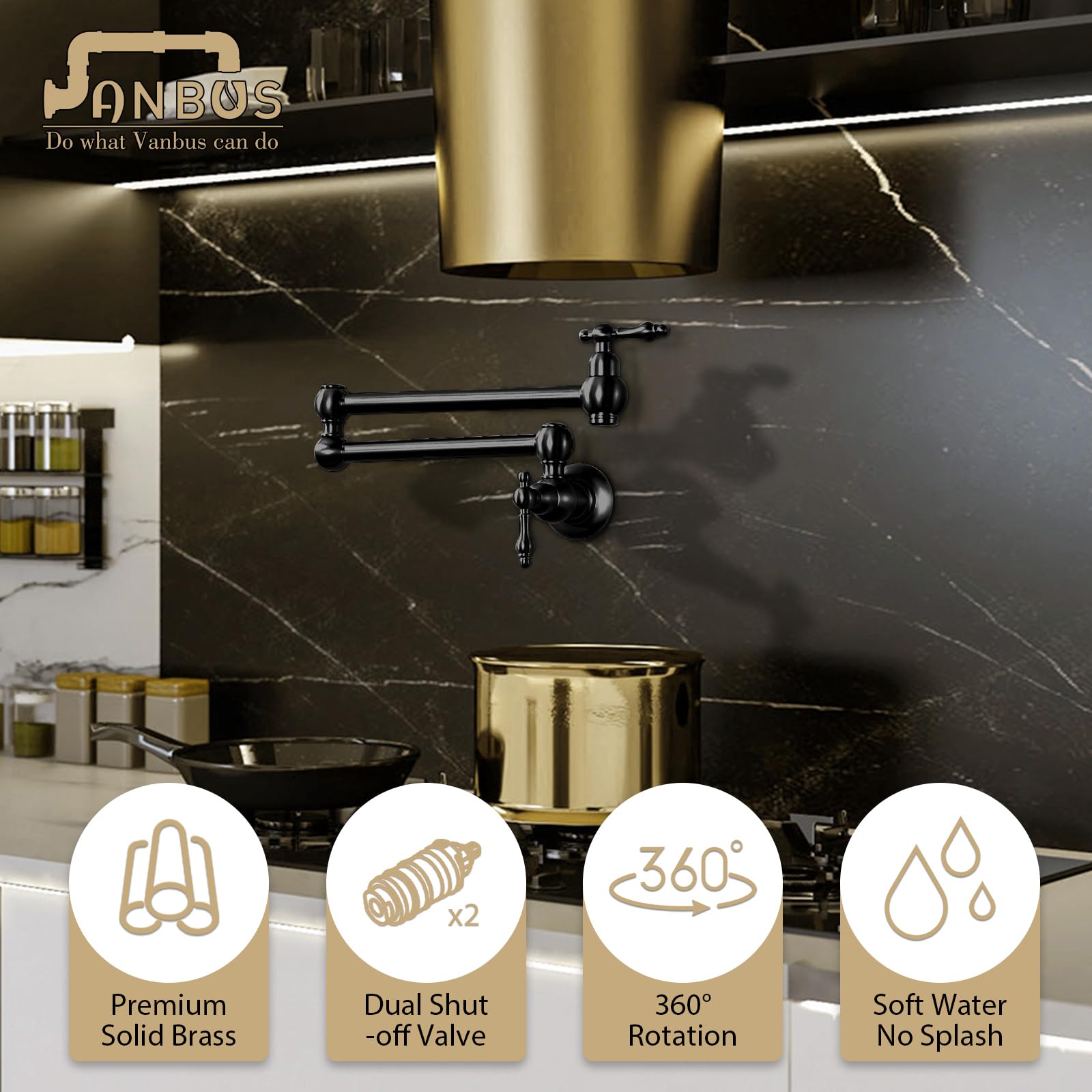 Vintage Matte Black Dual Valve Wall Mount Pot Filler Faucet with Two Handles & Adjustable Swing Arms - Perfect for Kitchen, Restaurant, and Commercial Cooking Areas